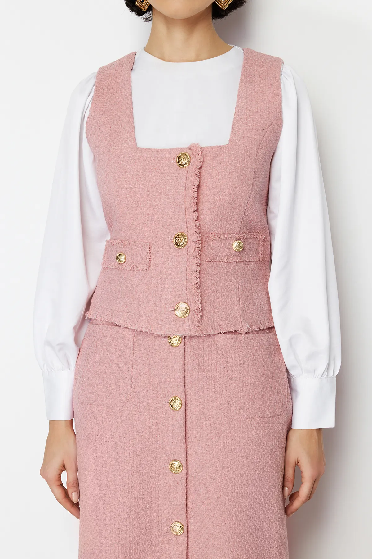Trendyol Modest  Fuchsiafarbenes Tweed-Westenrock-Set mit gewebtem Unterteil und Oberteil TCTSS24US00013