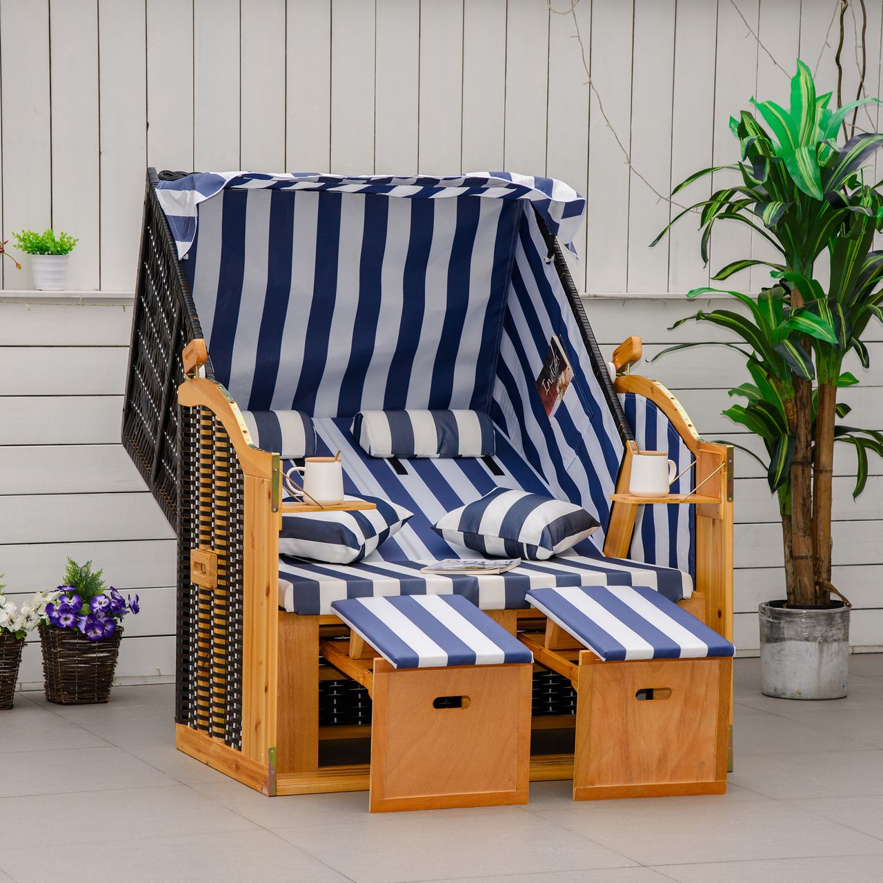 Outsunny Strandkorb Doppelte Sonnenliege mit Dach Doppelliege mit Getränkehaltern Chaiselongue 5-stufige Rückenlehne PE-Rattan Blau Weiß 118 x 79 x 150 cm