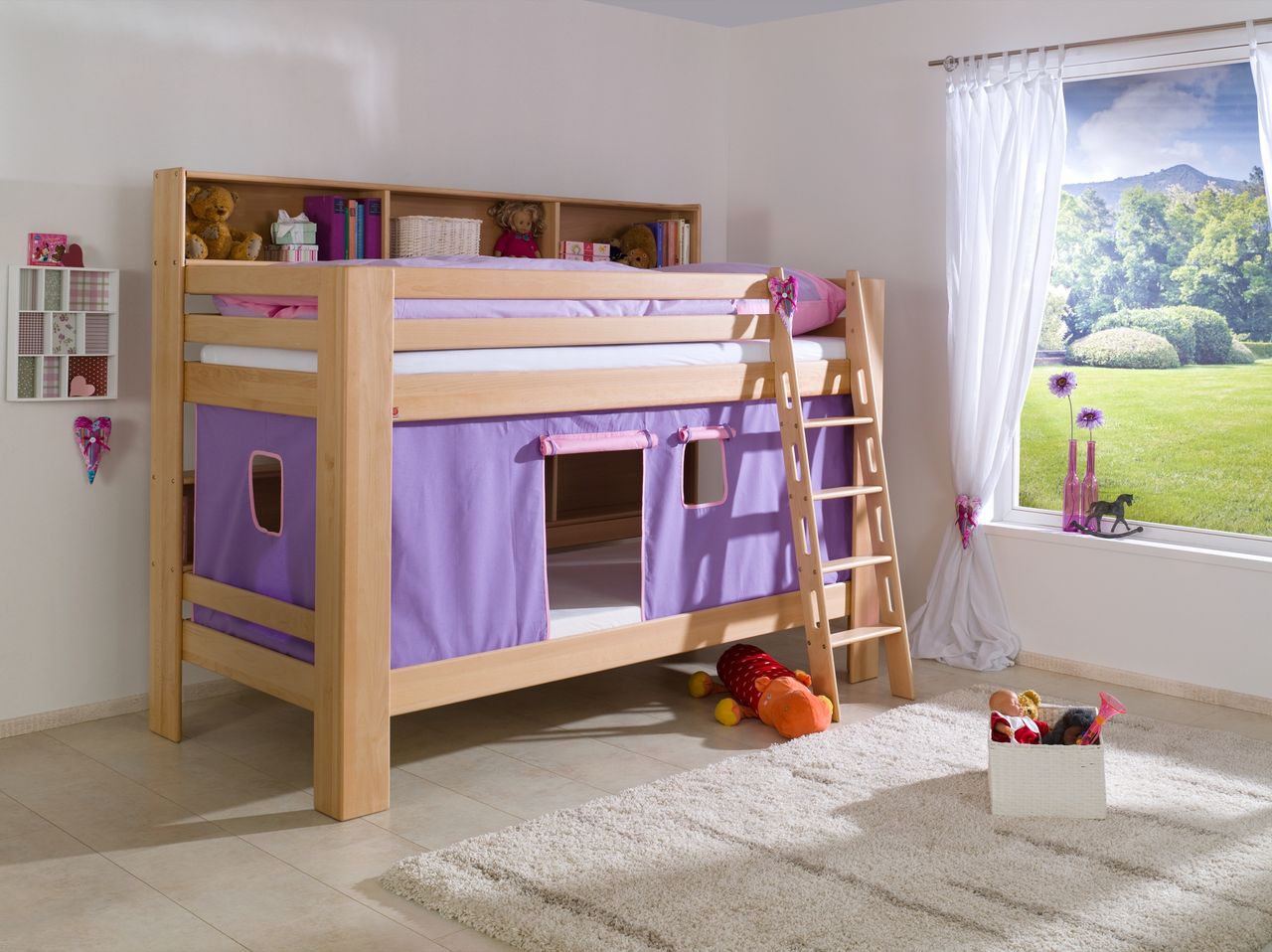 Relita Etagenbett Jan mit Bücherregal und Vorhang purple/rosa