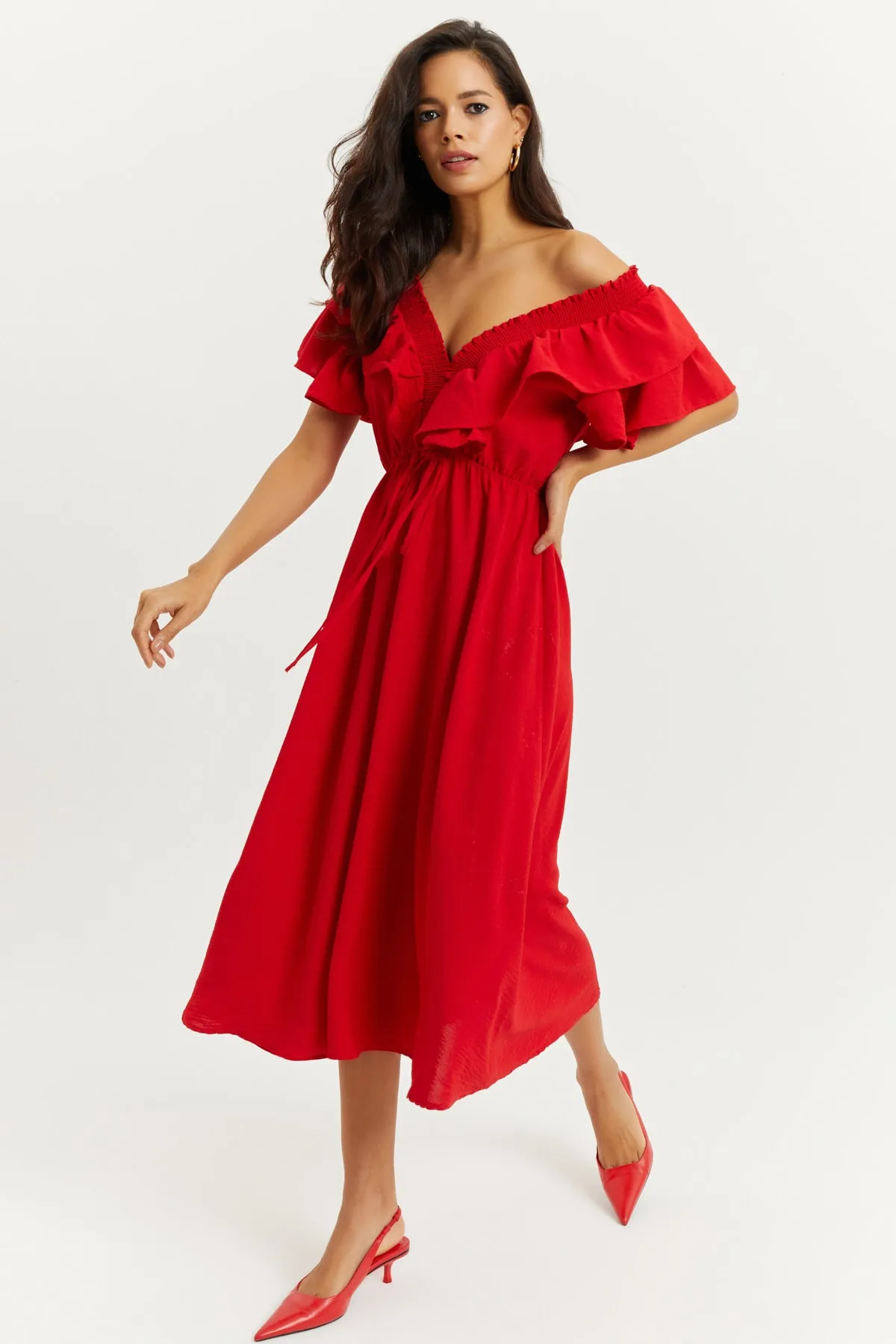 Cool & Sexy  Rotes Damen-Volantkleid mit V-Ausschnitt vorne und hinten KS113