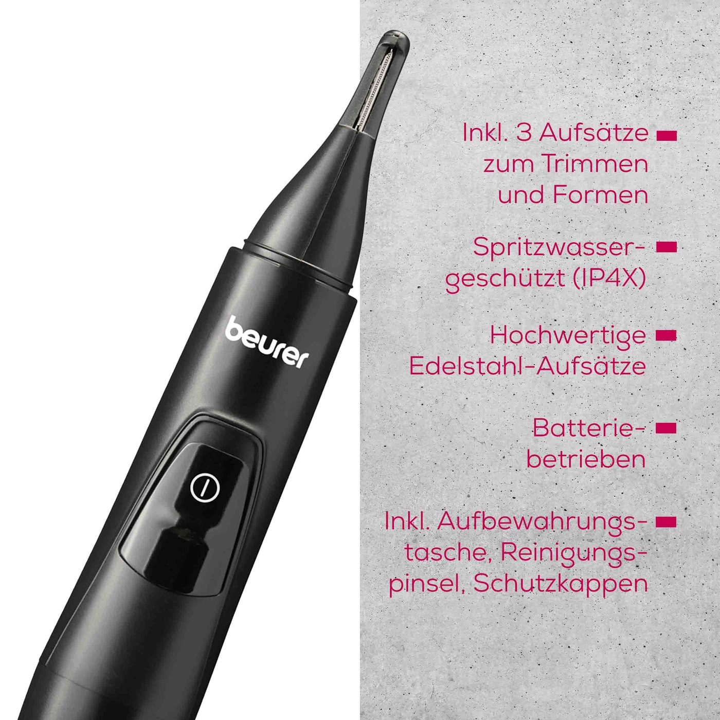 Beurer Präzisionstrimmer MN2X-Mit 3 Aufsätzen zum präzisen Trimmen und Formen von Augenbrauen, Nasen- und Ohrhaaren