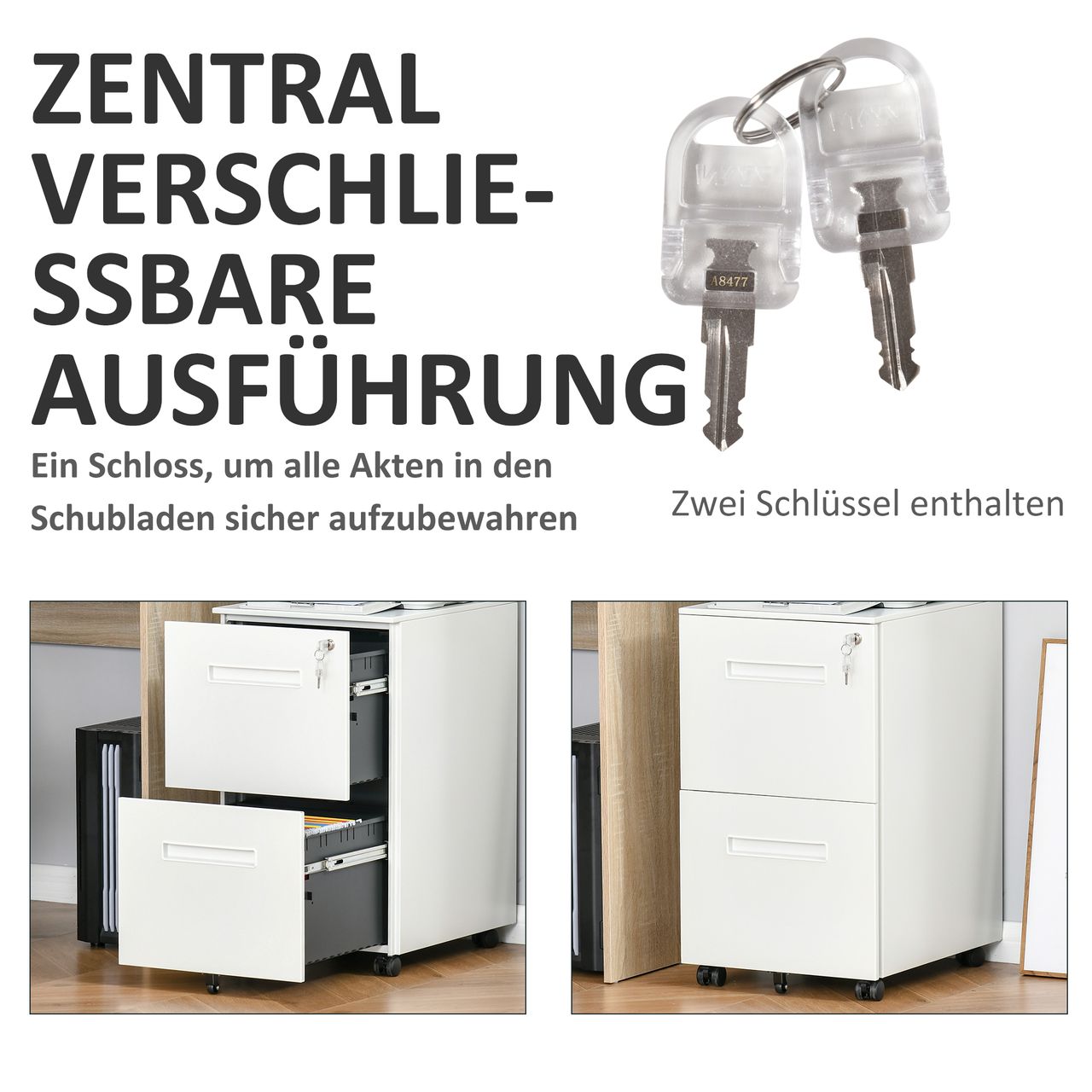 Vinsetto Rollcontainer Aktenschrank mit 2 Schubladen Abschließbarer Rollschrank