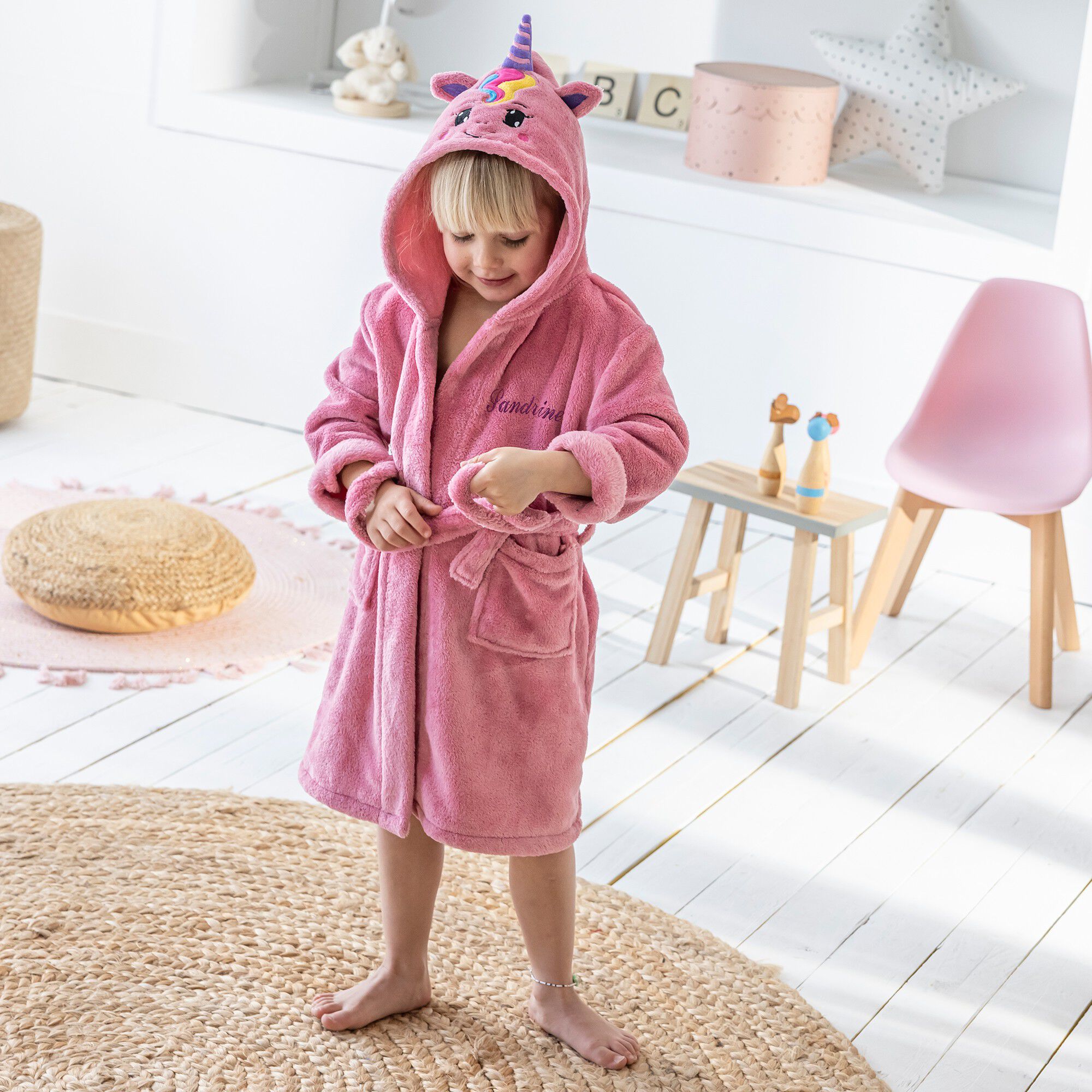 Peignoir de bain enfant à capuche licorne personnalisable microfibre