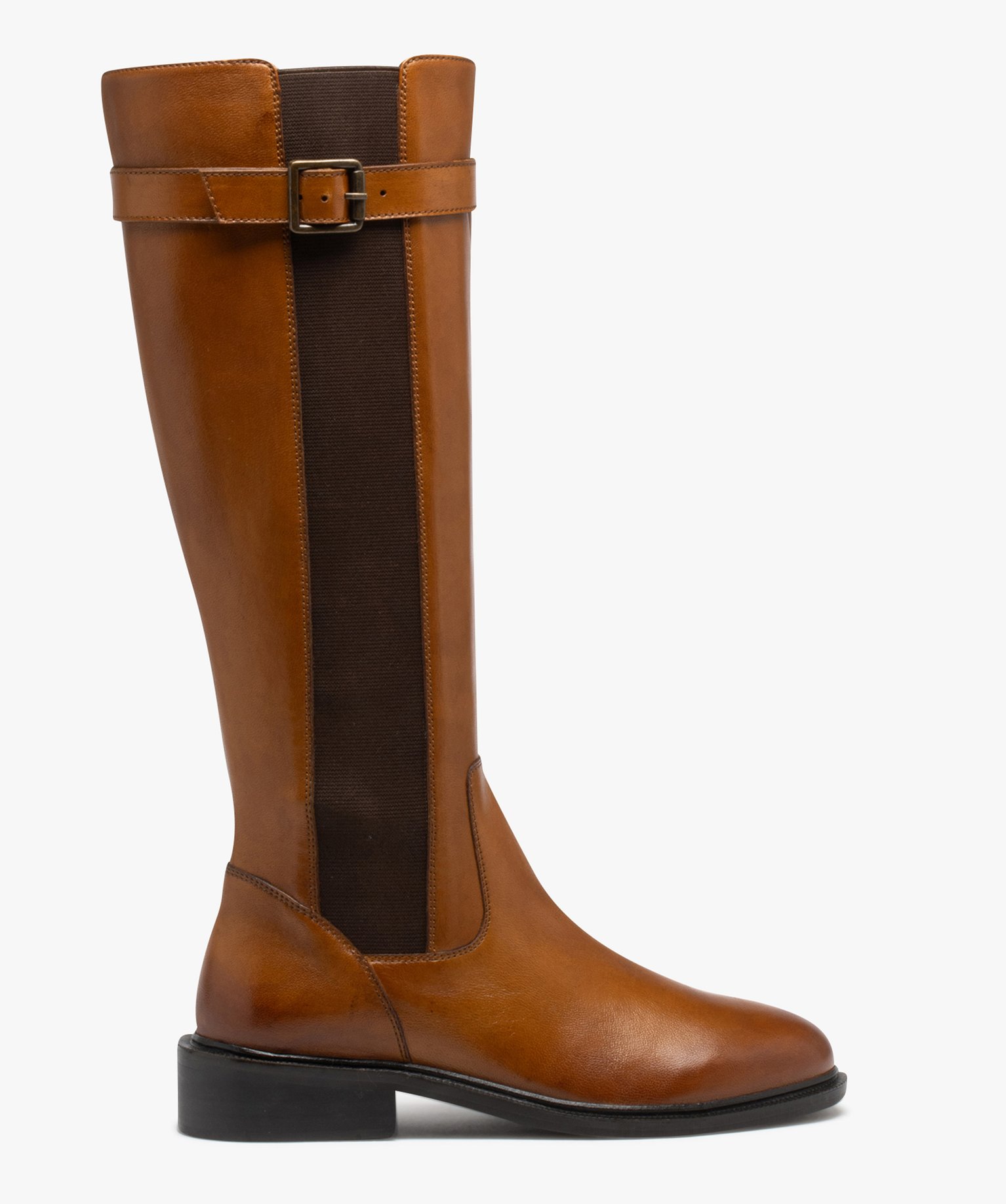 Bottes femme à talon plat en cuir uni et à zip - Taneo camel | GEMO