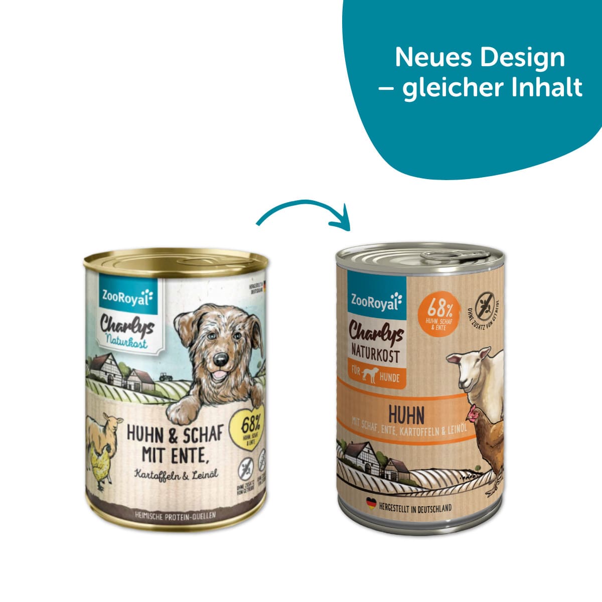 ZooRoyal Charlys Naturkost Huhn mit Schaf, Ente, Kartoffeln & Leinöl
