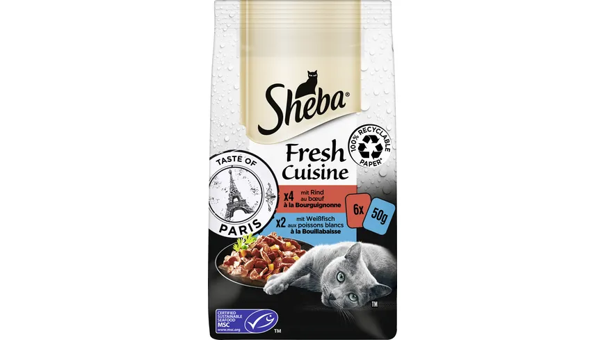 SHEBA® Fresh Cuisine Taste of Paris mit Rind und mit Weißfisch Portionsbeutel 300 g