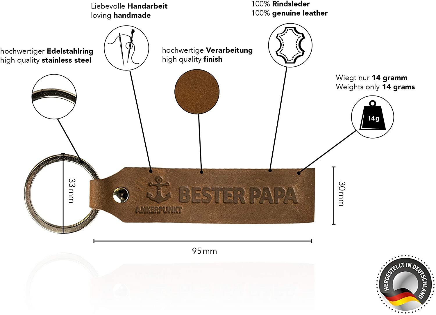 Ankerpunkt Schlüsselanhänger mit Gravur Bester Papa (Vatertagsgeschenk für Papa, Geschenke für Papa, Vater zum Geburtstag, Weihnachten, Vatertag Geschenk), dunkelbraun - Made in Germany