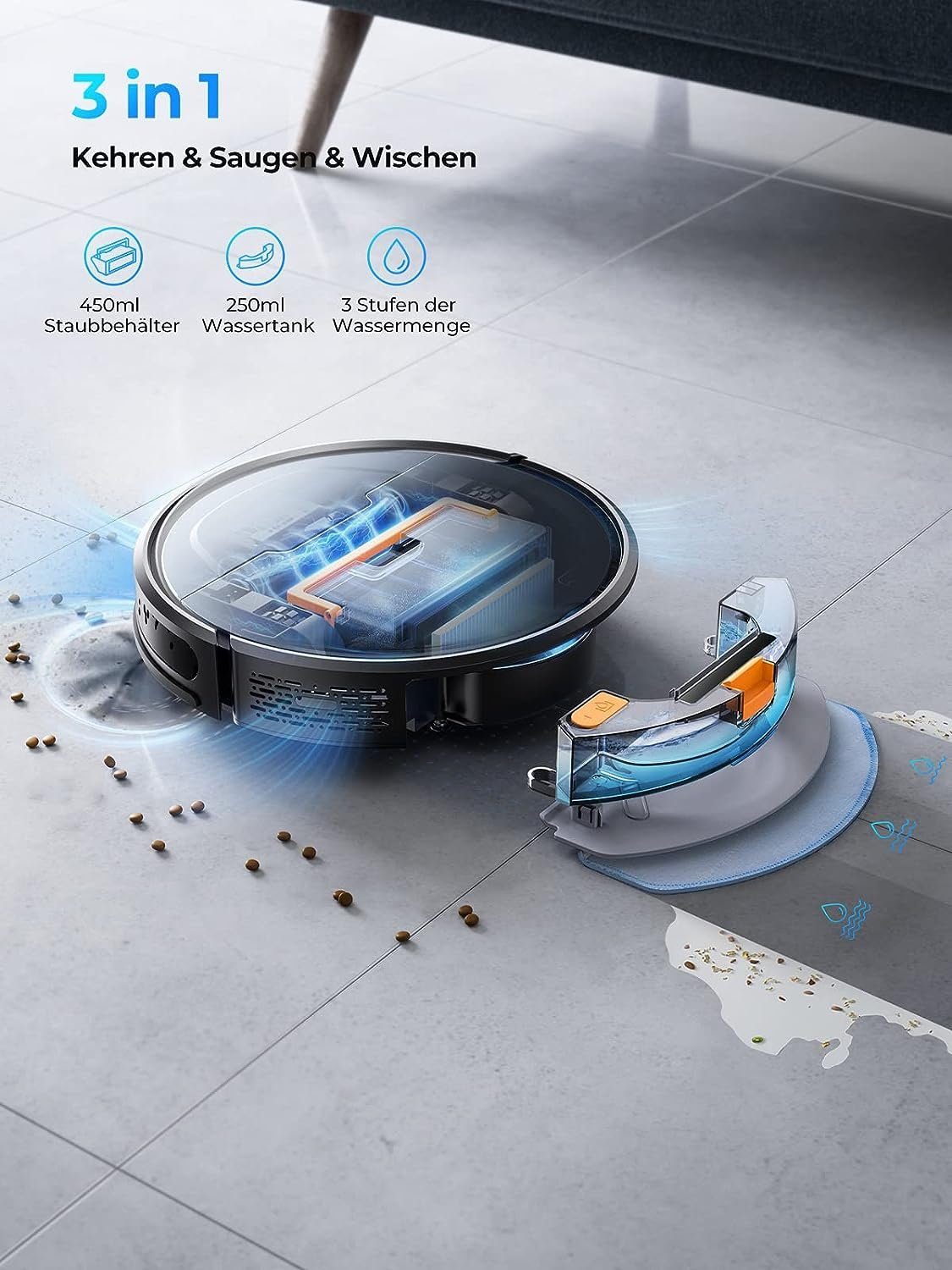 Laresar Saugroboter EVOL 3S, Saugroboter mit Wischfunktion 4500Pa Schwarz Roboter Staubsauger Super-dünn Saugroboter App/Remote/Sprachsteuerung ideal für Hartböden, Tierhaare, Teppiche