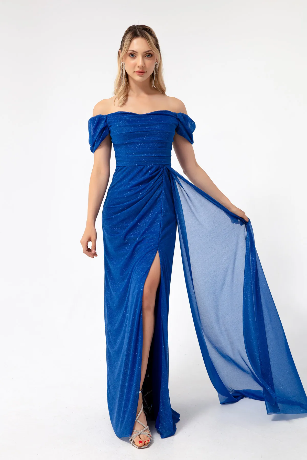 Lafaba  Saks Damen-Abendkleid mit U-Boot-Ausschnitt, drapiertem Schlitz und langem Glitzer-Abendkleid