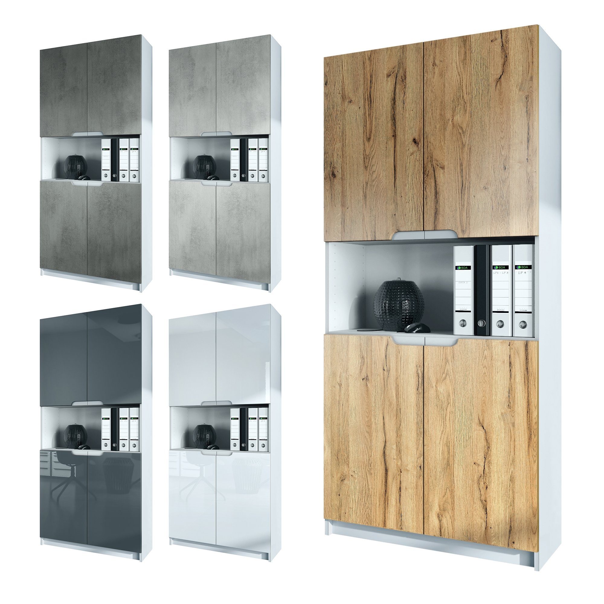 Vladon Aktenschrank Logan (Aktenschrank, mit 5 Fächern und 4 Türen) Weiß matt/Weiß Hochglanz (82 x 184 x 37 cm)