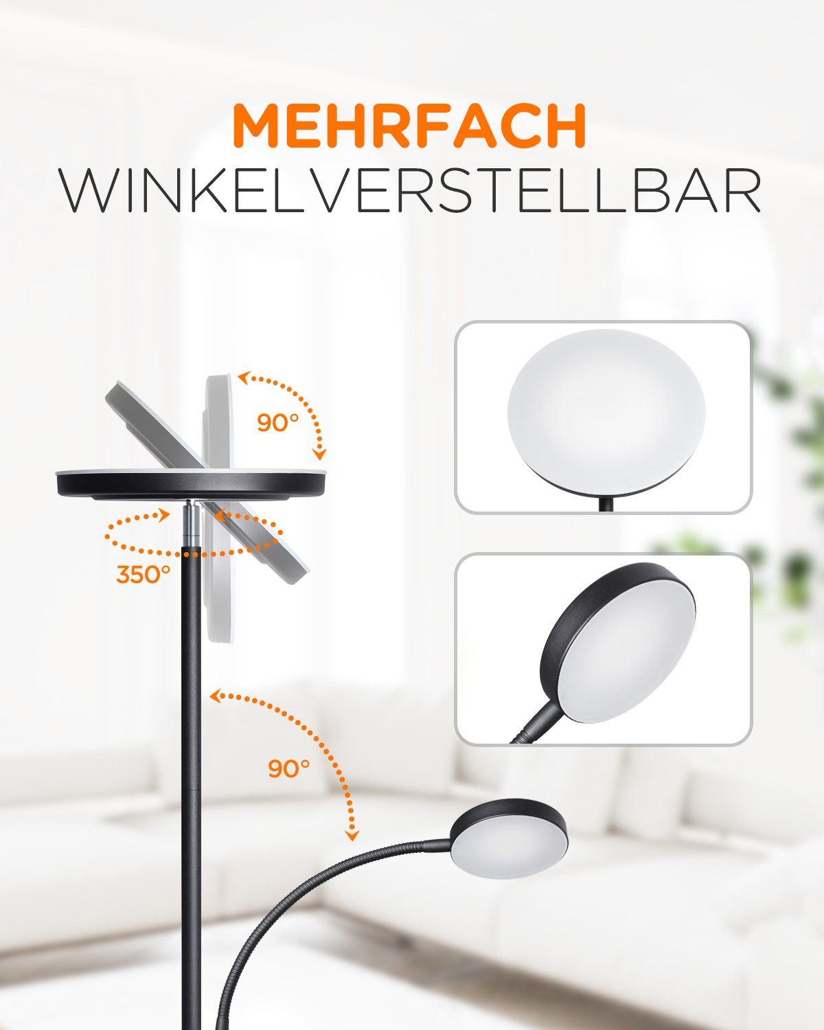 Tomons LED Stehlampe Stehleuchte Stufenlos Dimmbar, verstellbare Leselampe, LED fest integriert