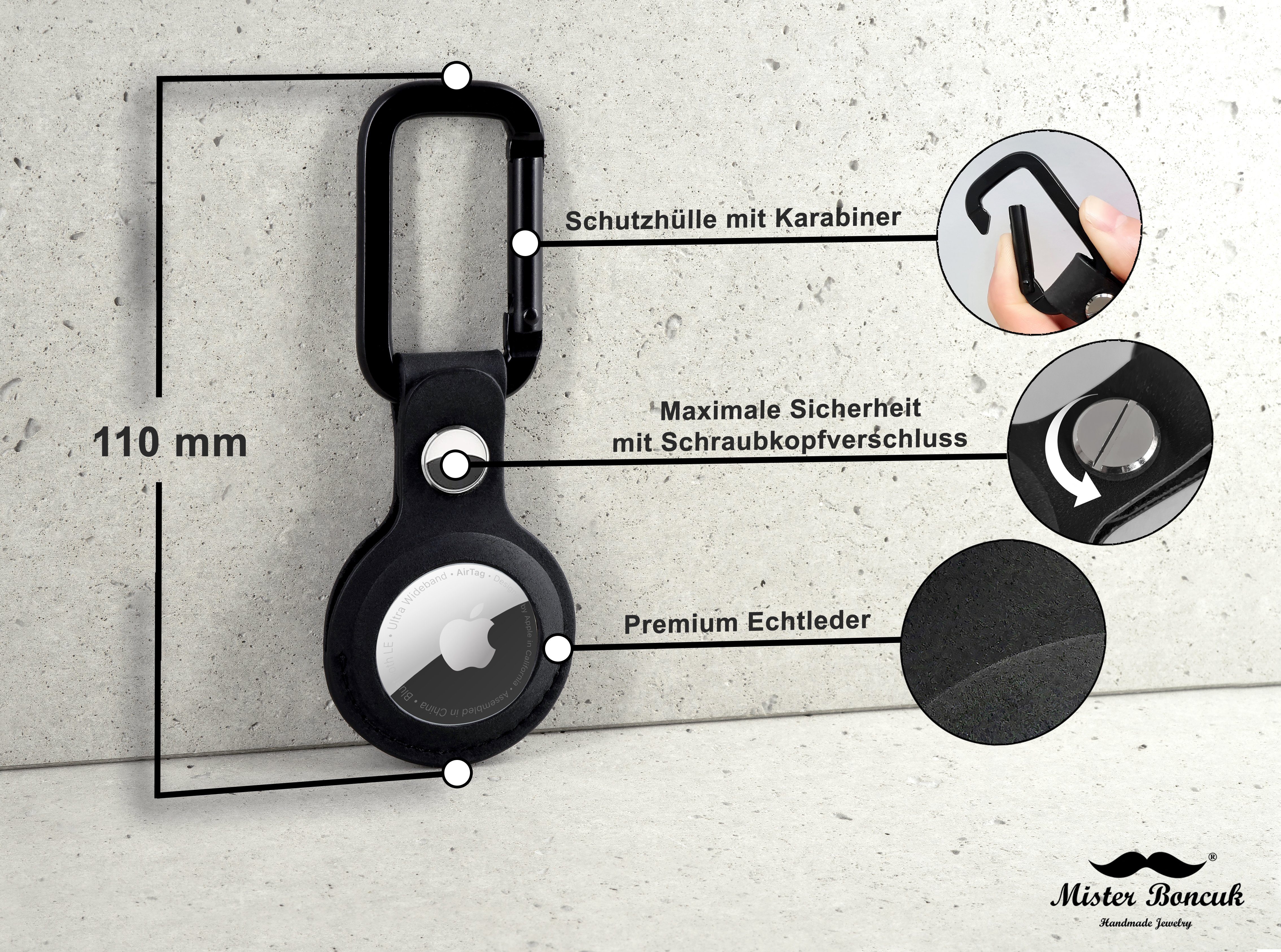 Mister Boncuk Handmade Jewelry Schlüsselanhänger Echtleder Schutzhülle für Apple AirTag mit Karabiner (Anti-Kratz rundum AirTag Hülle, AirTag Schlüsselanhänger mit Karabiner), Airtag Schutzhülle