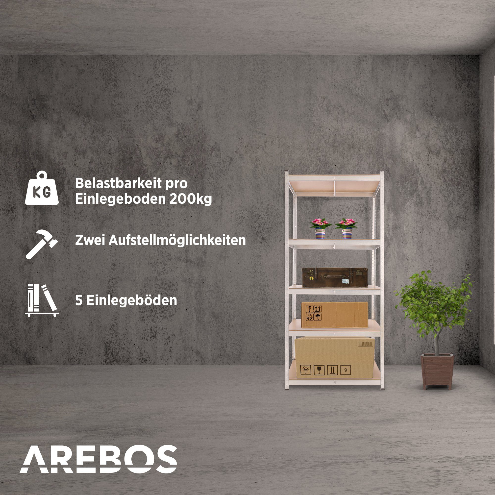 Arebos Schwerlastregal 200 x 90 x 45 cm 1000 kg Kelleregal Steckregal Lagerregal, Höhe 200 cm