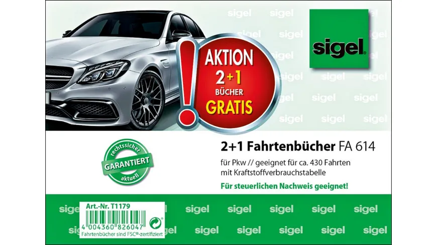 Sigel 2 + 1 Aktion Fahrtenbuch für Pkw A6 quer 40 Blatt