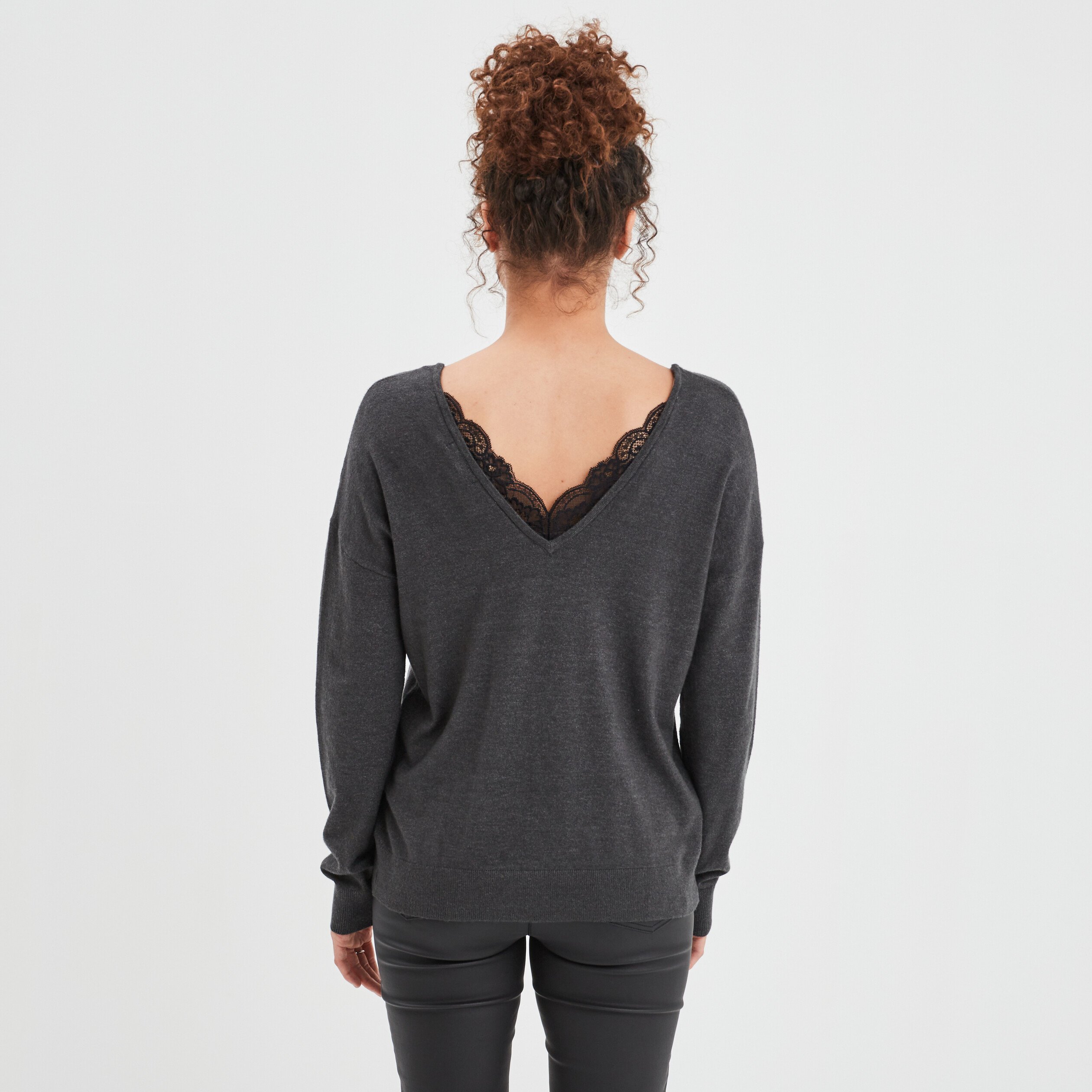 Pull dos en V avec dentelle gris foncé femme | La Halle