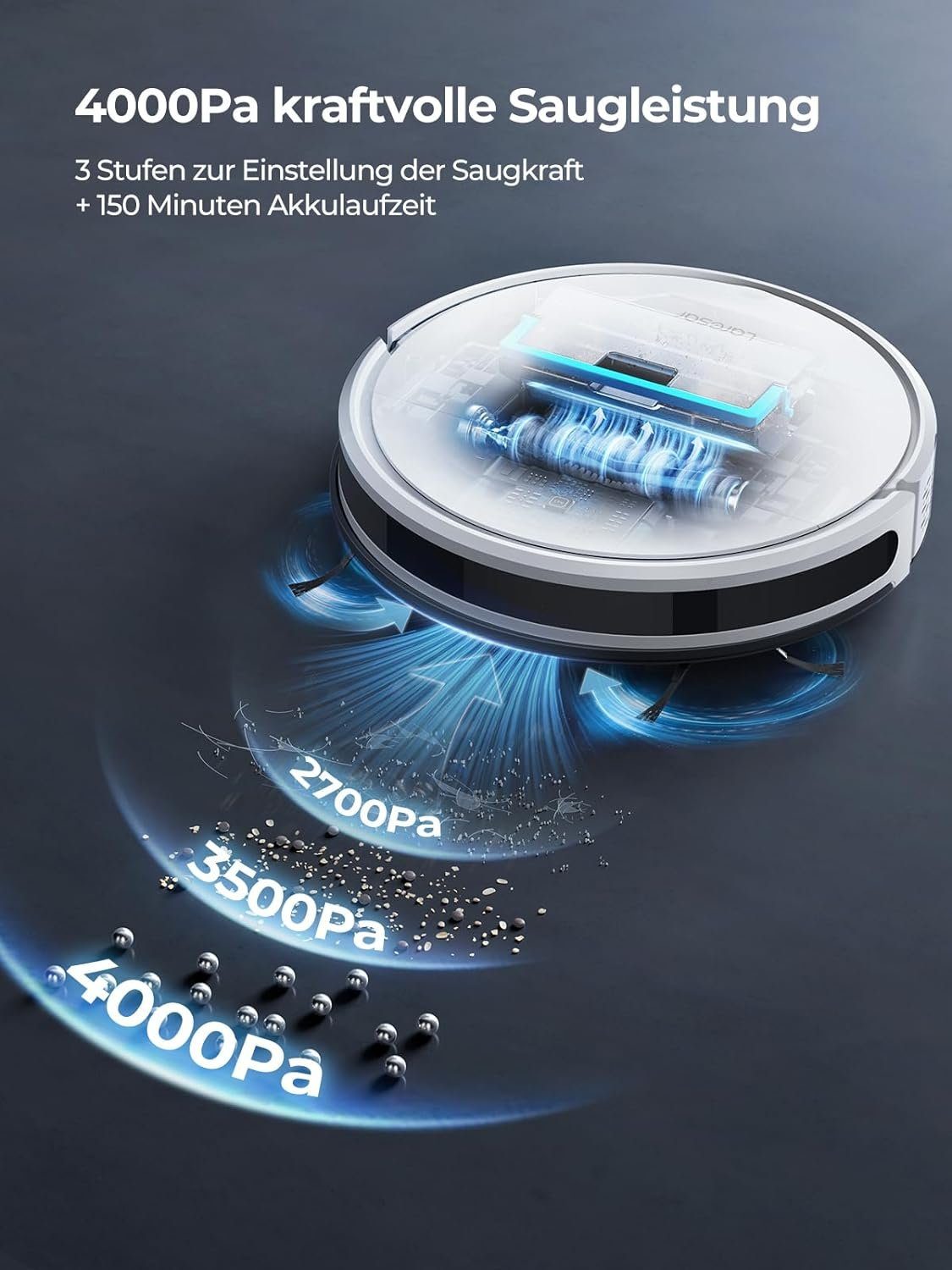 Laresar Saugroboter, Saugroboter mit Wischfunktion, 4000Pa Staubsauger Roboter 150 Min Max, saugroboter ideal für Hartböden Tierhaare Teppiche, Intelligente App-Steuerung, Arbeit mit Alexa