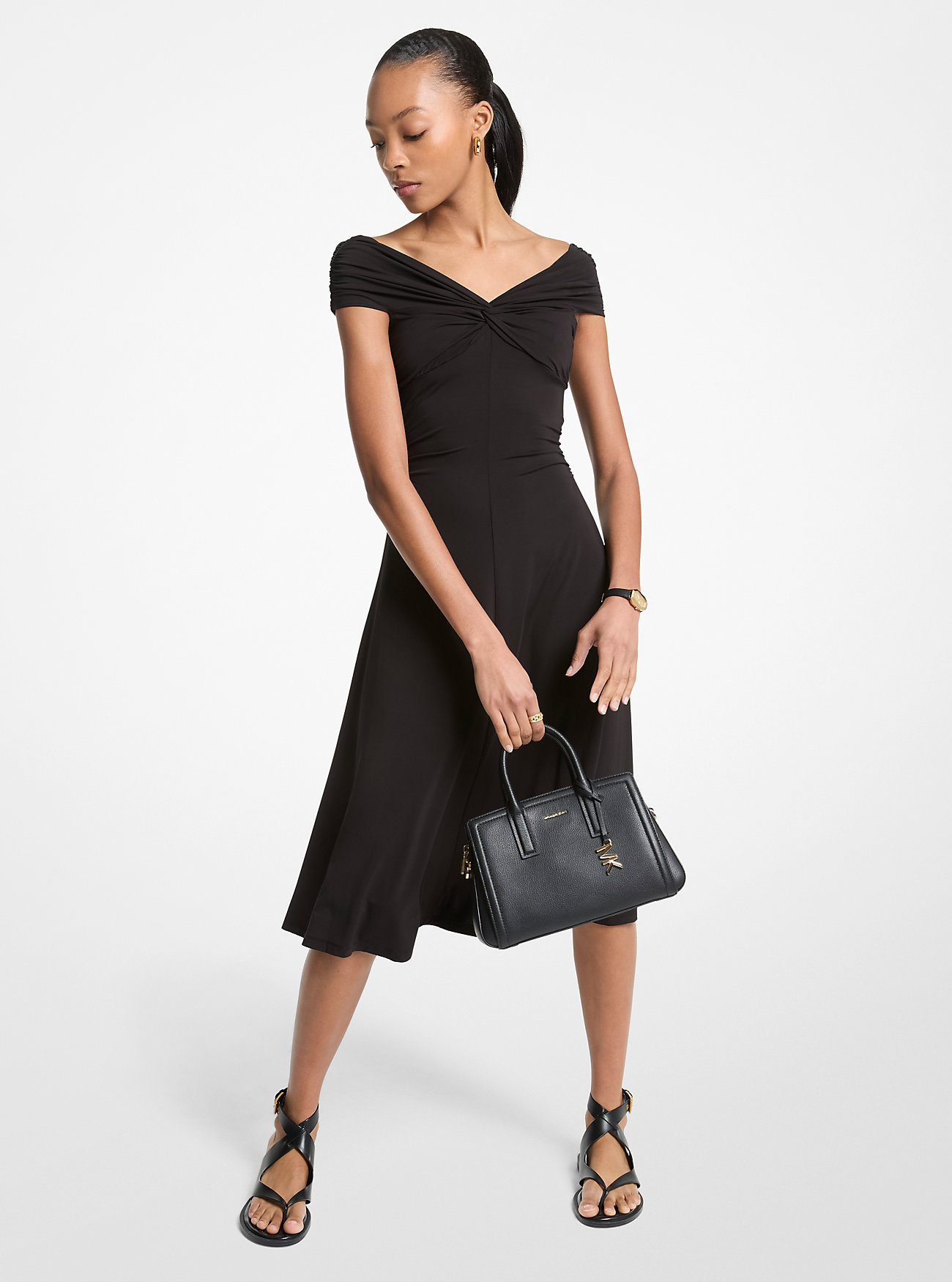Stretch Viscose Off-The-Shoulder Midi Dress - BLACK