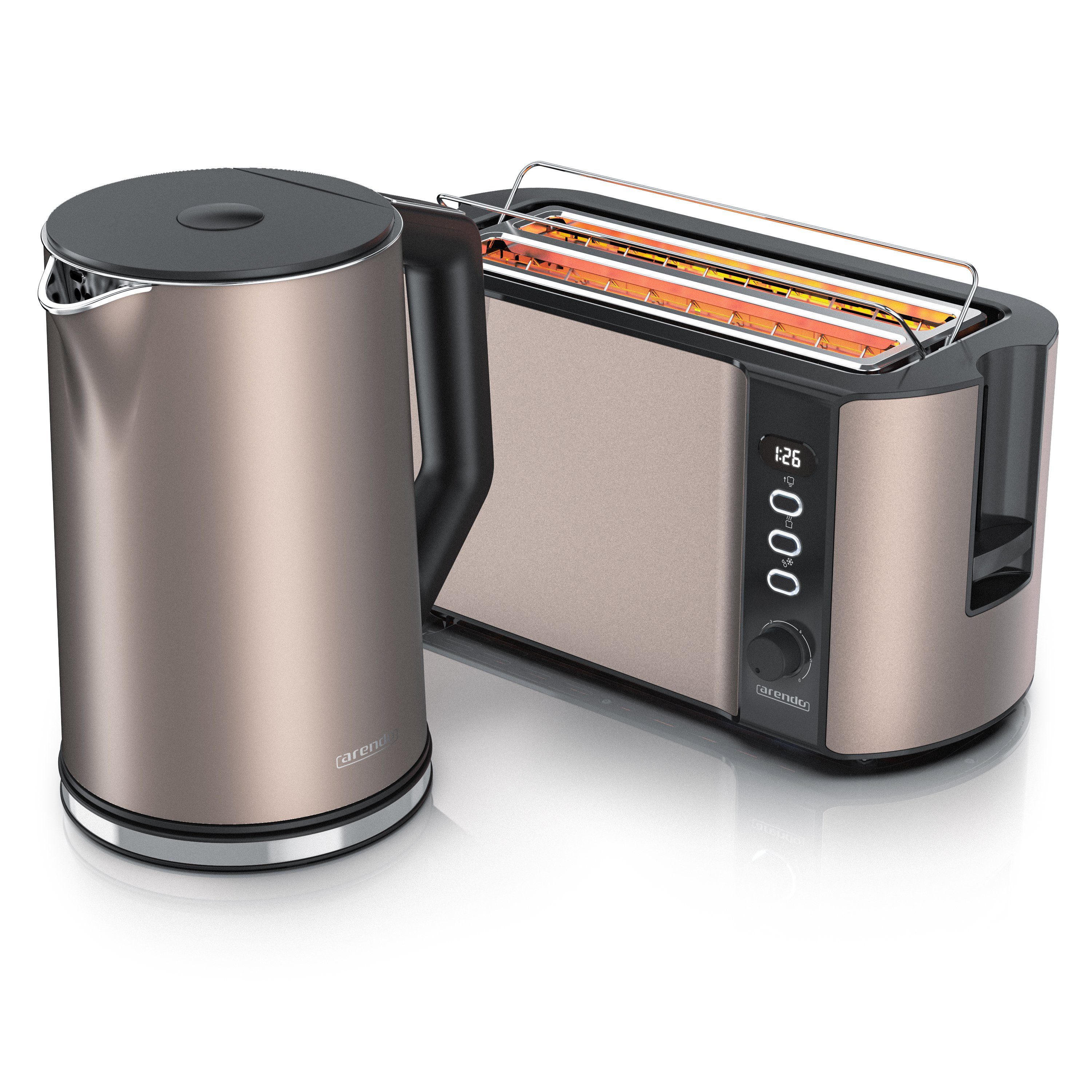 Arendo Frühstücks-Set (2-tlg), Edelstahl Wasserkocher 1,5l, 4-Scheiben Langschlitz Toaster, Beige