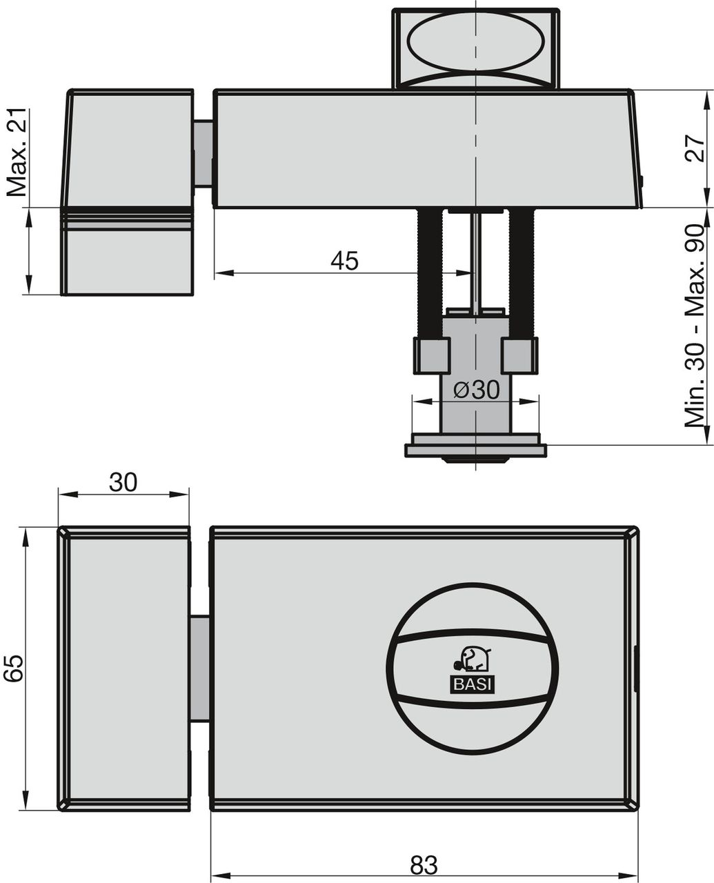 Basi KS500-45 Kastenschloss (käntig) Silber