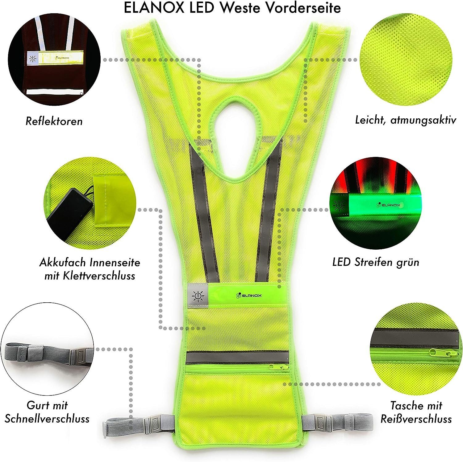 ELANOX Schutzweste LED Weste Sicherheitsweste mit reflektierenden Streifen Warnweste, Aufladen via USB