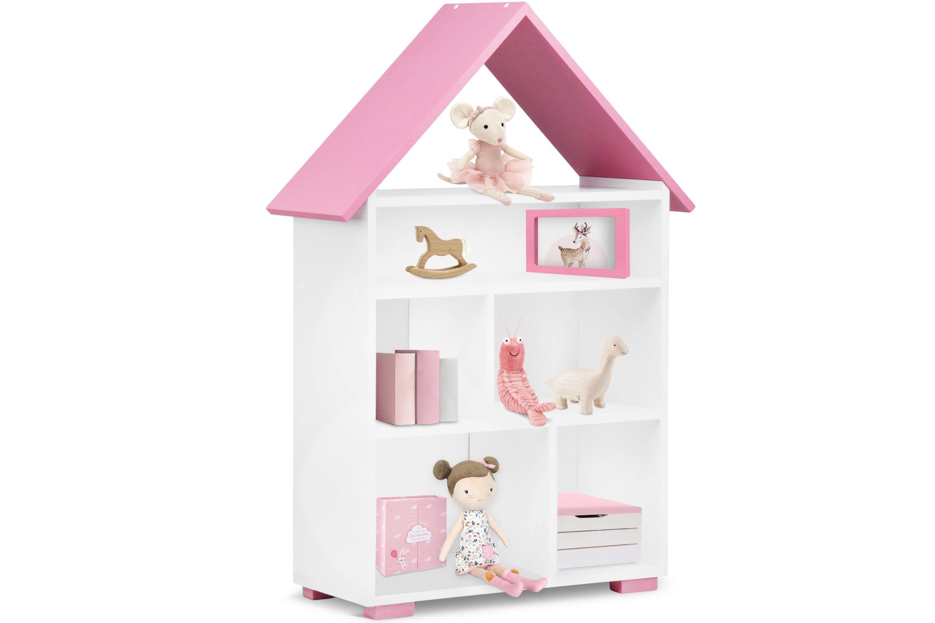 Konsimo Kinderregal PABIS Kinder Bücherregal Hausform, geräumig, in Pastellfarben, ABS-Kanten