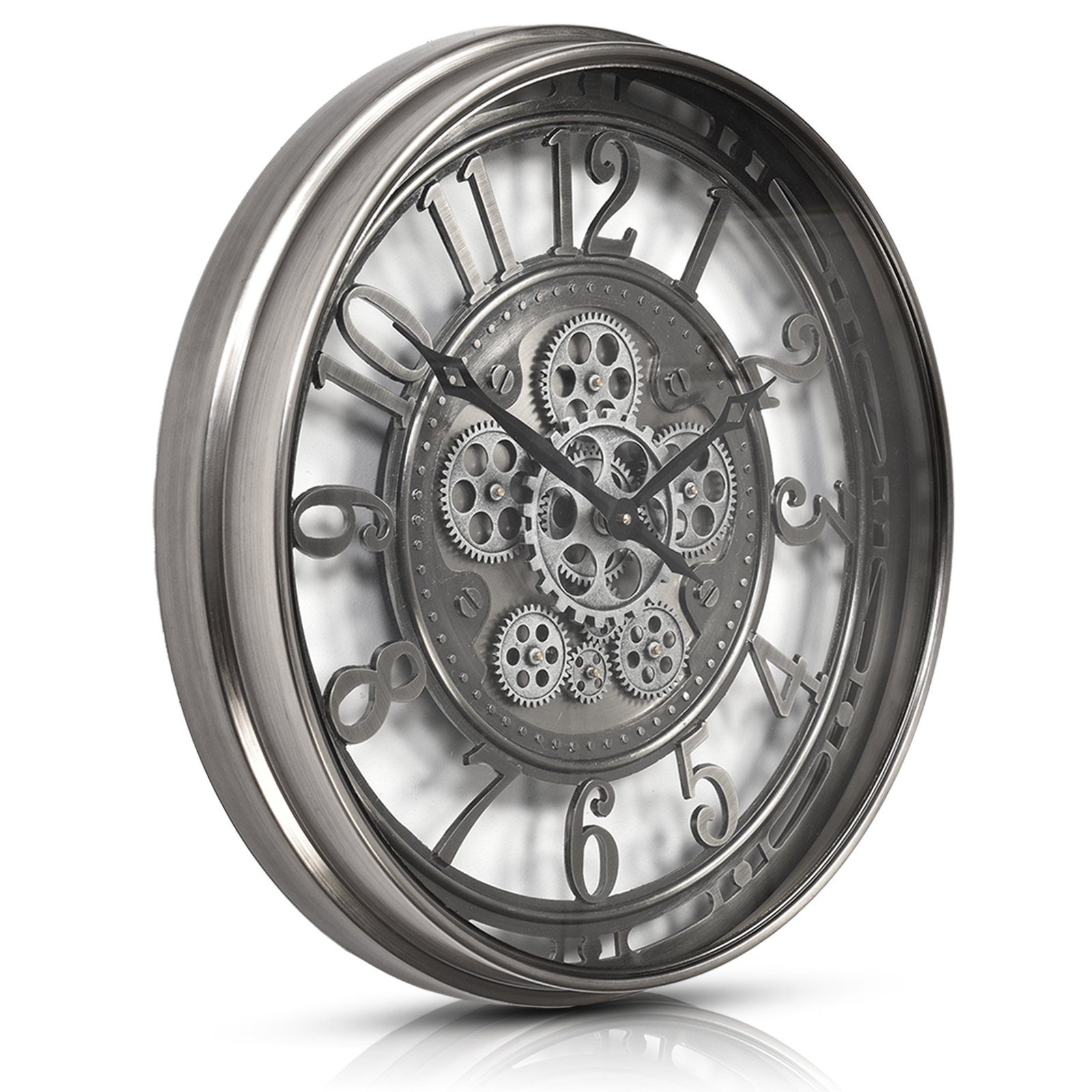 Samilito Wanduhr 53,3 cm mit echtem Bewegungsgetriebe Zahnrädern Silber