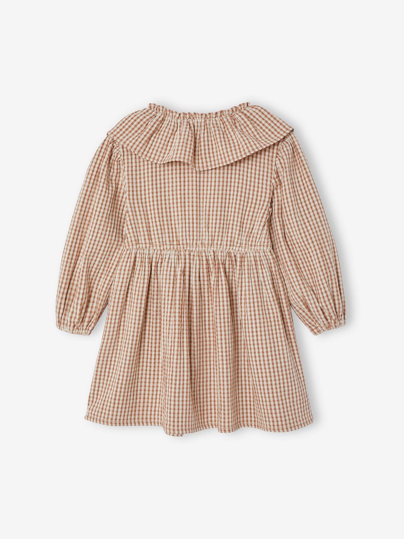 Vertbaudet Mädchen Kleid mit Volantkragen - braun kariert