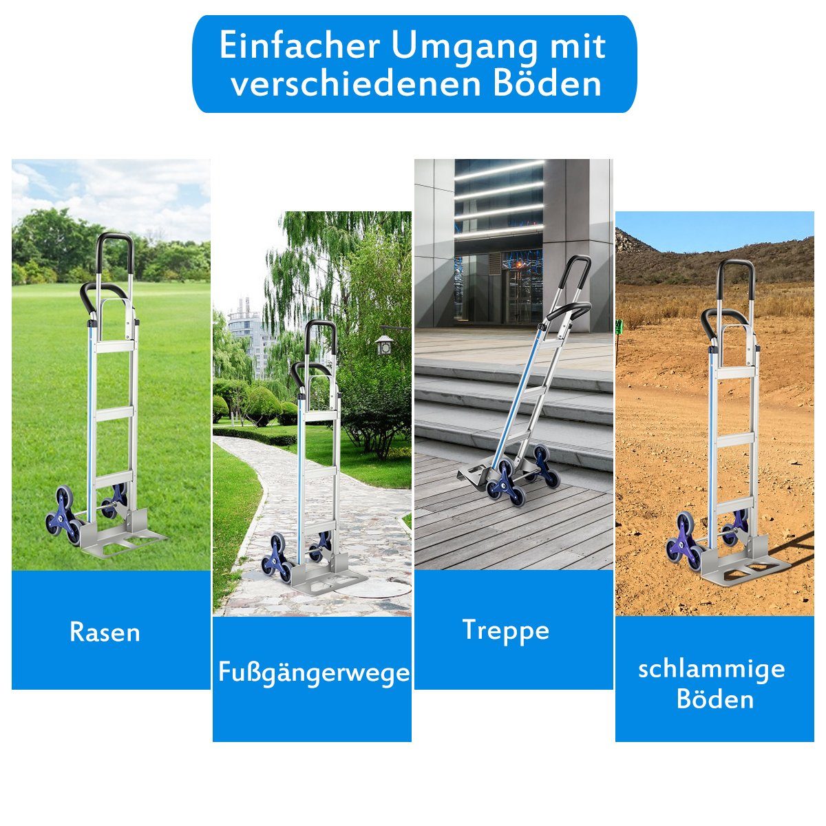 COSTWAY Treppensackkarre, mit 2 Griffen & 6 Rädern bis 250kg, Alu 152x51x46cm