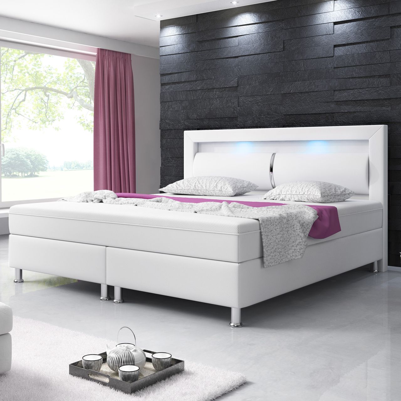 IHG Boxspringbett MILANO 180x200 Kunstleder Weiss TYP 6 mit integriertem Topper