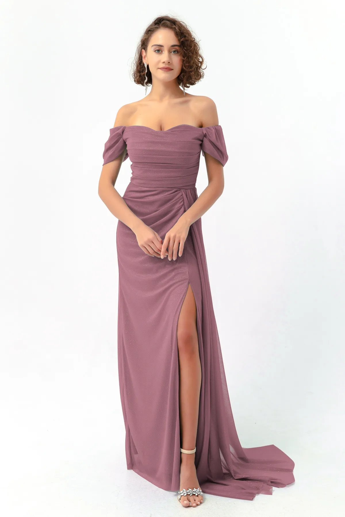 Lafaba  Damen-Abendkleid in Lavendel mit U-Boot-Ausschnitt, drapiertem Schlitz und langem Glitzer-Abendkleid