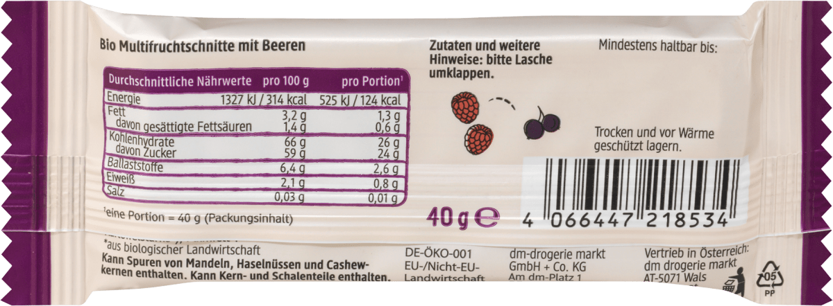 Fruchtriegel, Himbeer Cassis, 40 g