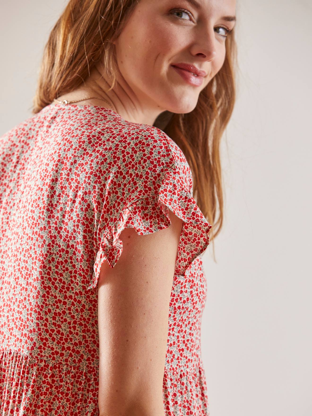 Robe fluide imprimée grossesse et allaitement beige aop