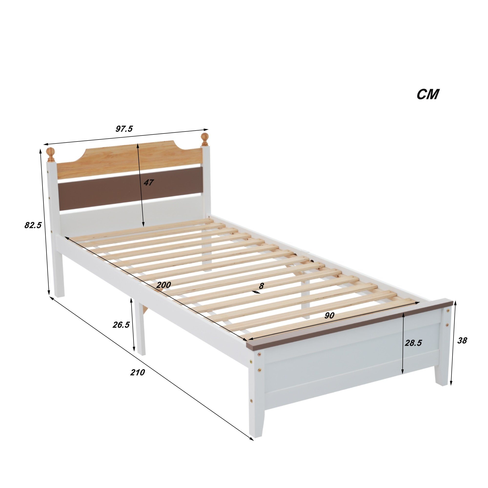 OKWISH Holzbett Einzelbett, Kiefernholzrahmen mit Mittelfuß, Erwachsenenbett (90x200 cm, Erwachsenenbett, mit Kopf- und Fußteil aus MDF), ohne Matratze