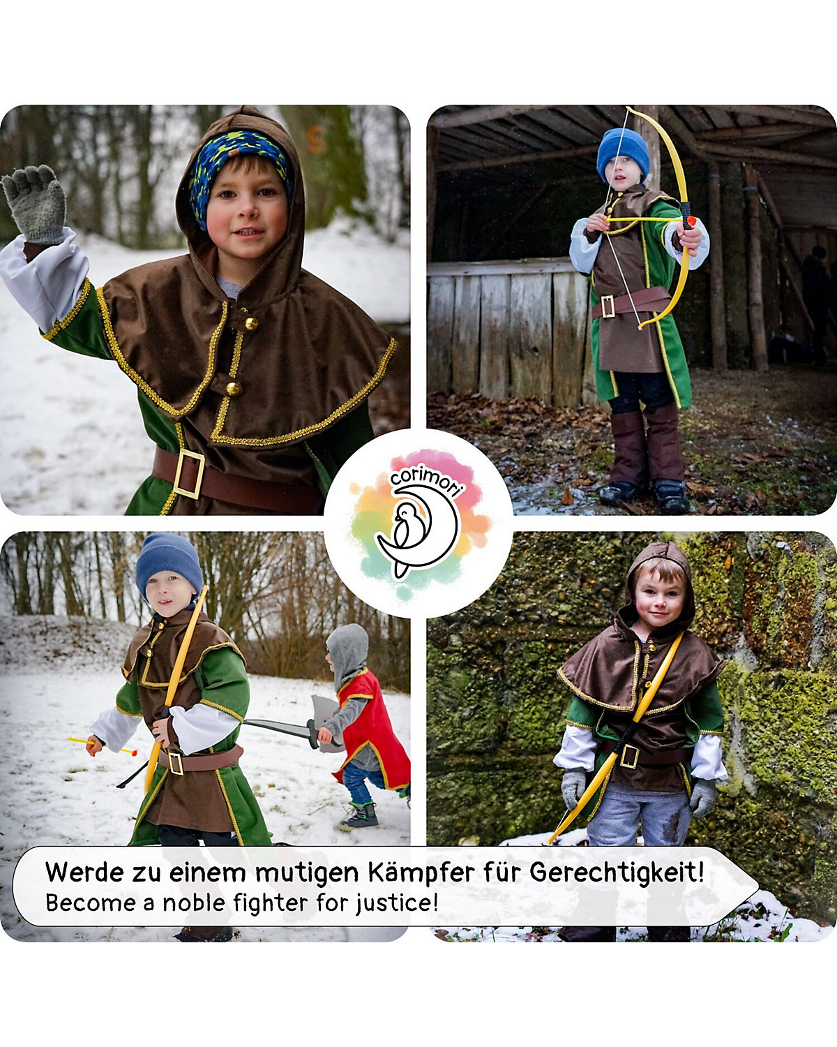 Robin Hood Kostüm Set mit Bogen, Verkleidung für Kinder zu Fasching, cooles Karnevalskostüm, braun/grün