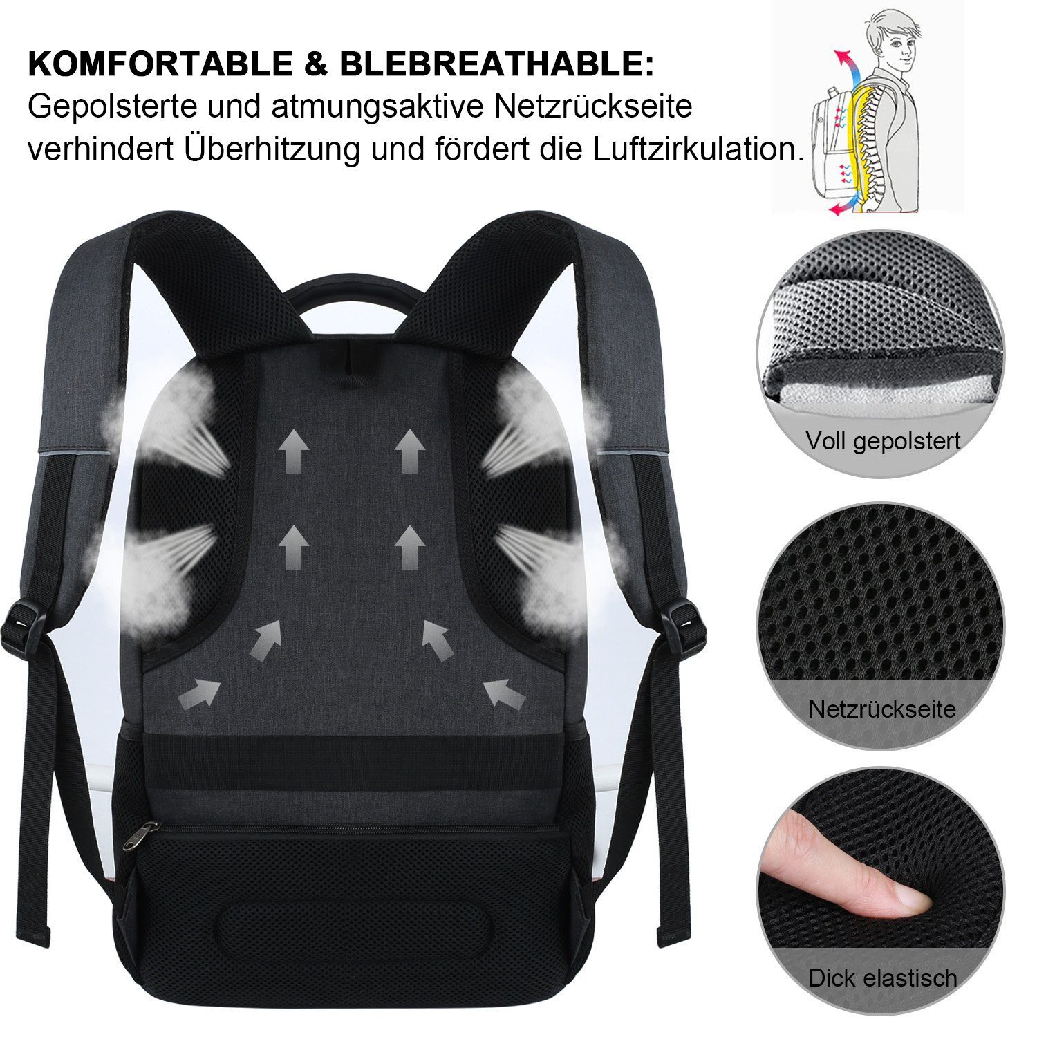 WISHDOR Laptoprucksack Laptop Rucksack Rucksäcke Schulrucksack Wasserbeständig Laptoptasche (Notebook Laptop Tasche Schule Uni Rucksack, Sportrucksack, mit USB-Anschluss, Anti-Diebstahl, Backpack mit Laptopfach), für Herren Damen Jungen Teenager Frei