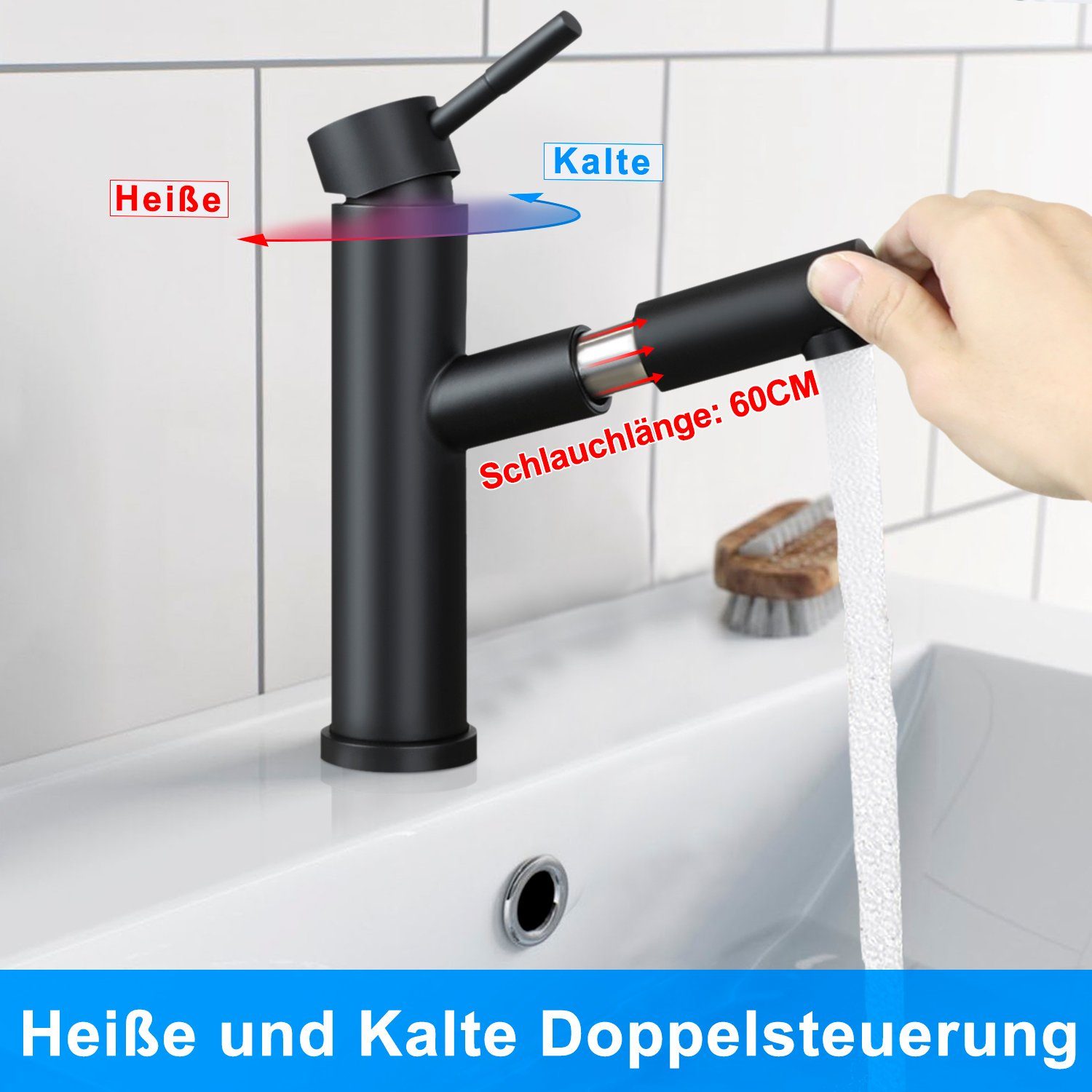 ZMH Waschtischarmatur Wasserhahn bad Ausziehbar brause Mischbatterie Schwarz