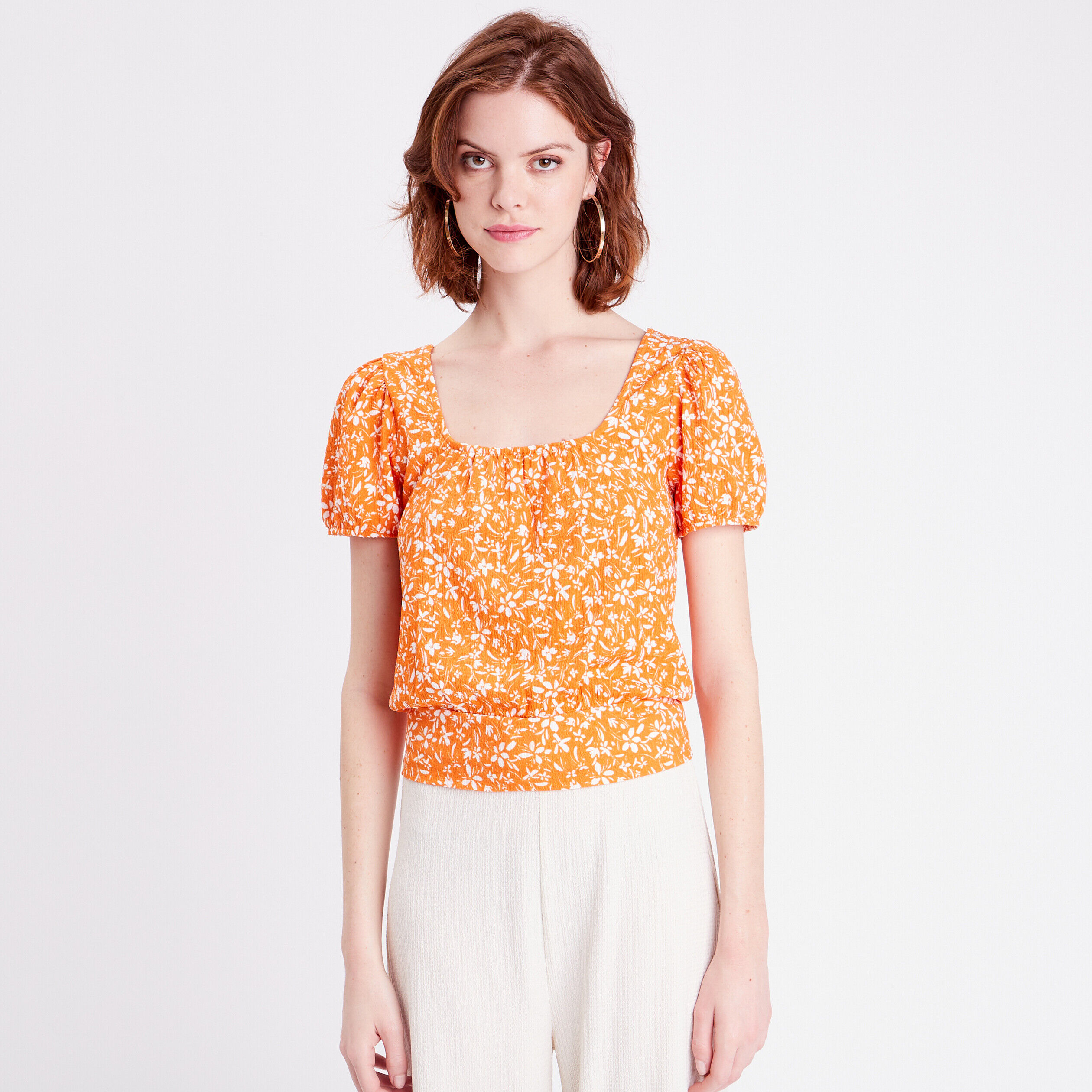T-shirt cintré bandes croisées orange femme | Cache Cache