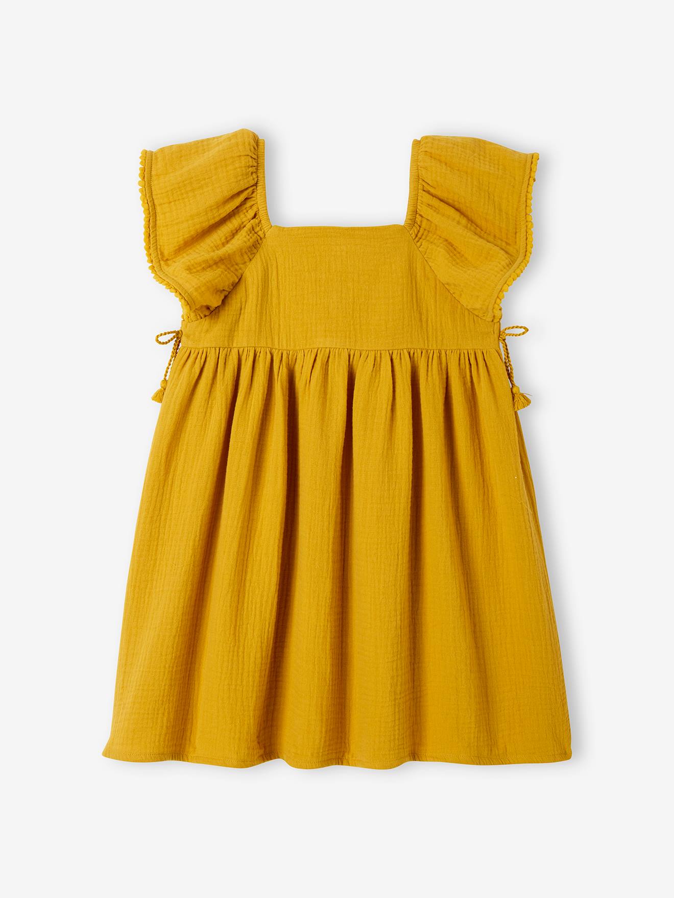 Robe en gaze de coton détails fantaisie fille moutarde