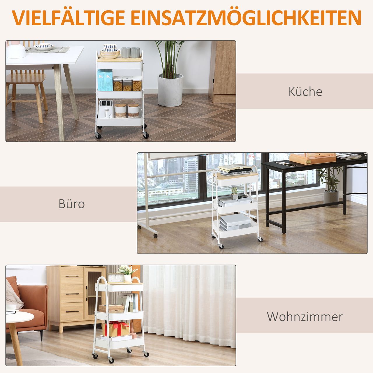 HOMCOM Küchenwagen Metallrollwagen 3-Etagen Metall mit großem Stauraum und Deckel für Küchen und Büro Aufbewahrungswagen Servierwagen Küchenregal mit Rollen Stahl Weiß 45 x 31 x 79,4 cm