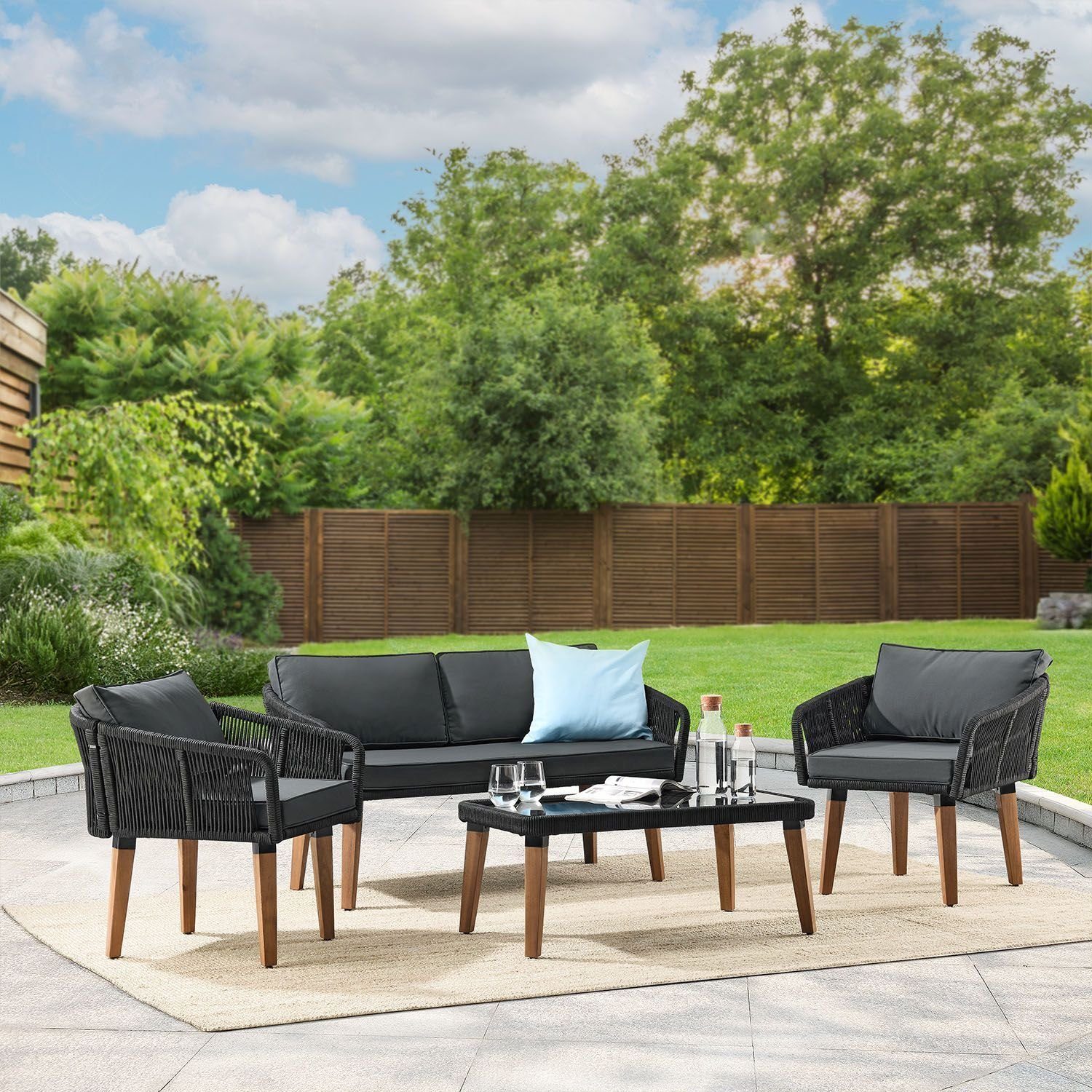 Juskys Gartenlounge-Set Neapel, (4-tlg), Seilgeflecht Sofa mit Tisch, 2 Sessel und Polster, für 4 Personen