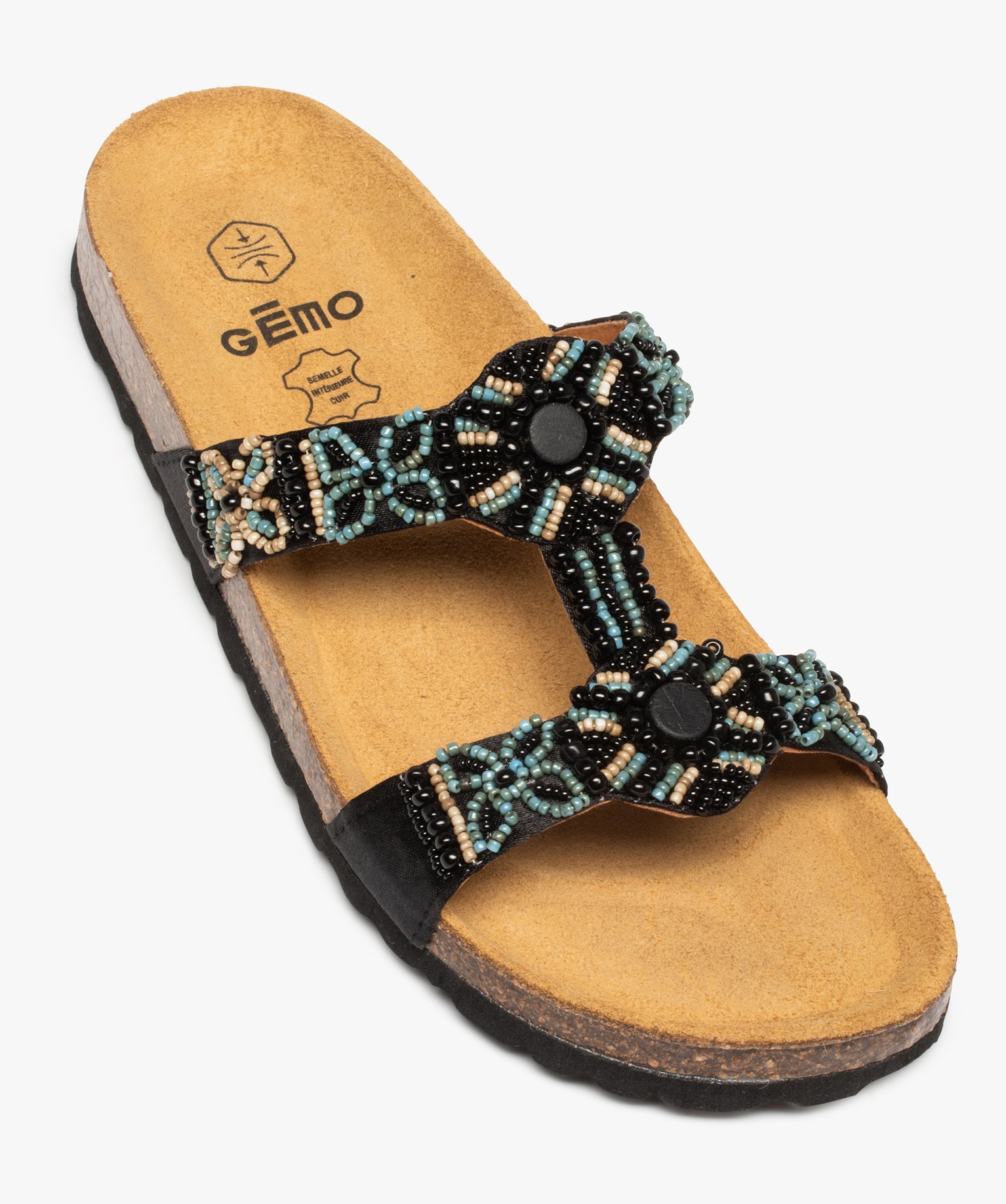 Mules femme avec brides ornées de perles de rocaille noir | GEMO
