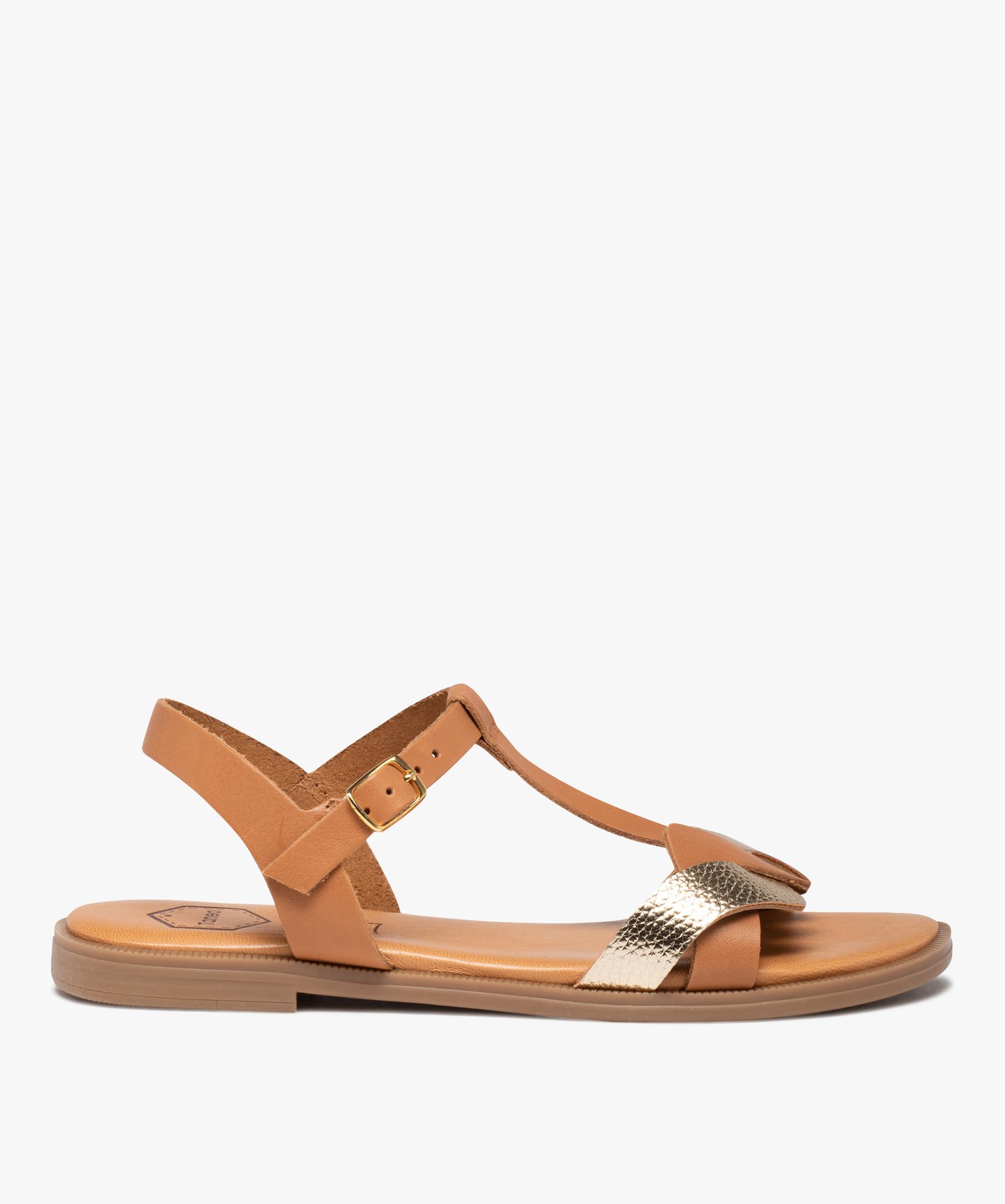 Sandales femme plates dessus cuir détails métal - Tanéo marron | GEMO