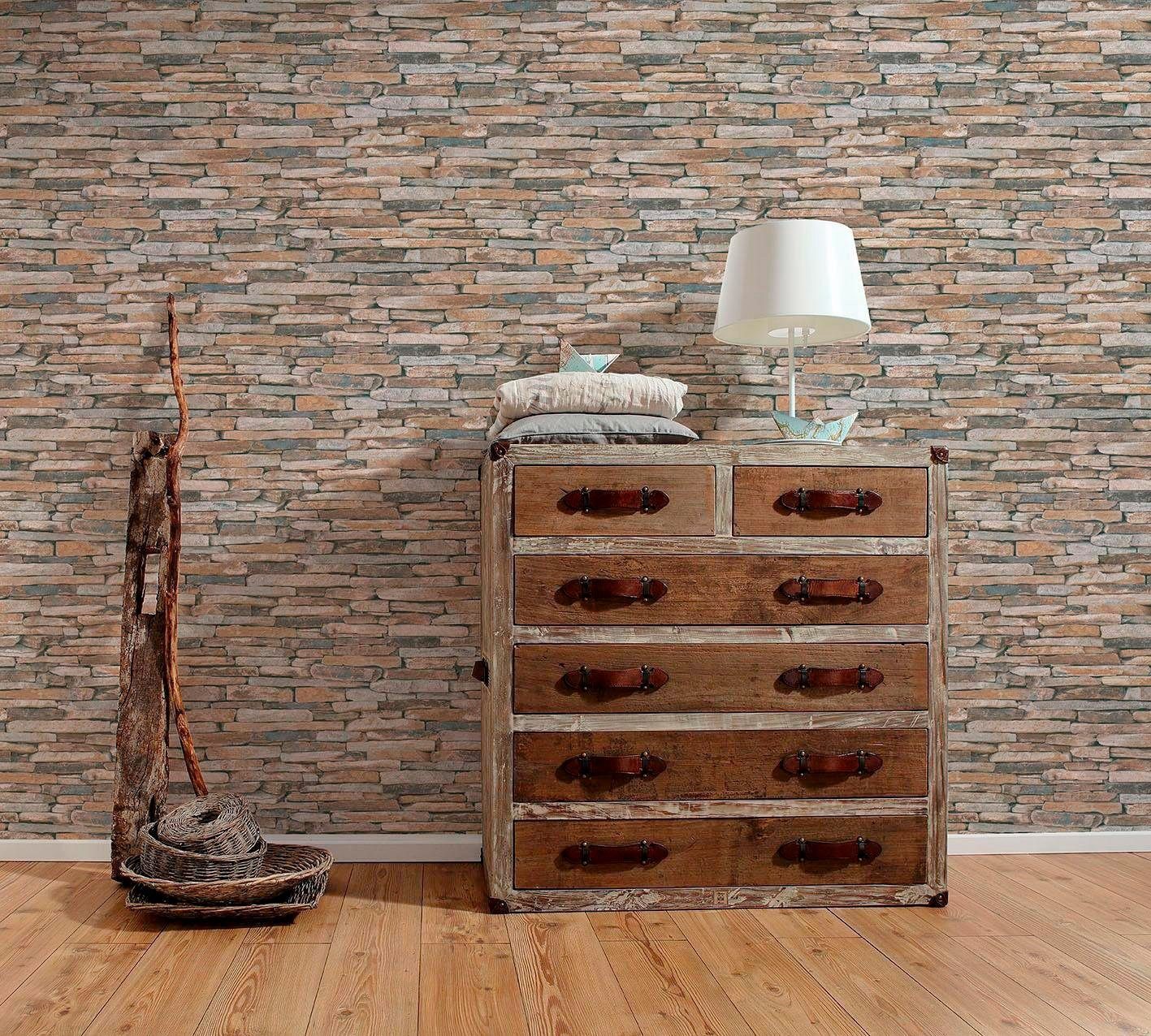living walls Vliestapete Best of Wood`n Stone 2nd Edition, Steinoptik, Landhaus Tapete Stein Beige Braun Gelb