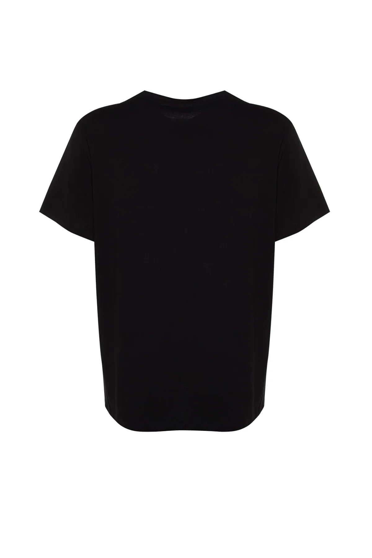 Trendyol Curve  Schwarzes, benzinfarbenes Boyfriend-Strick-T-Shirt mit Rundhalsausschnitt und Schlitz TBBSS22BF0031