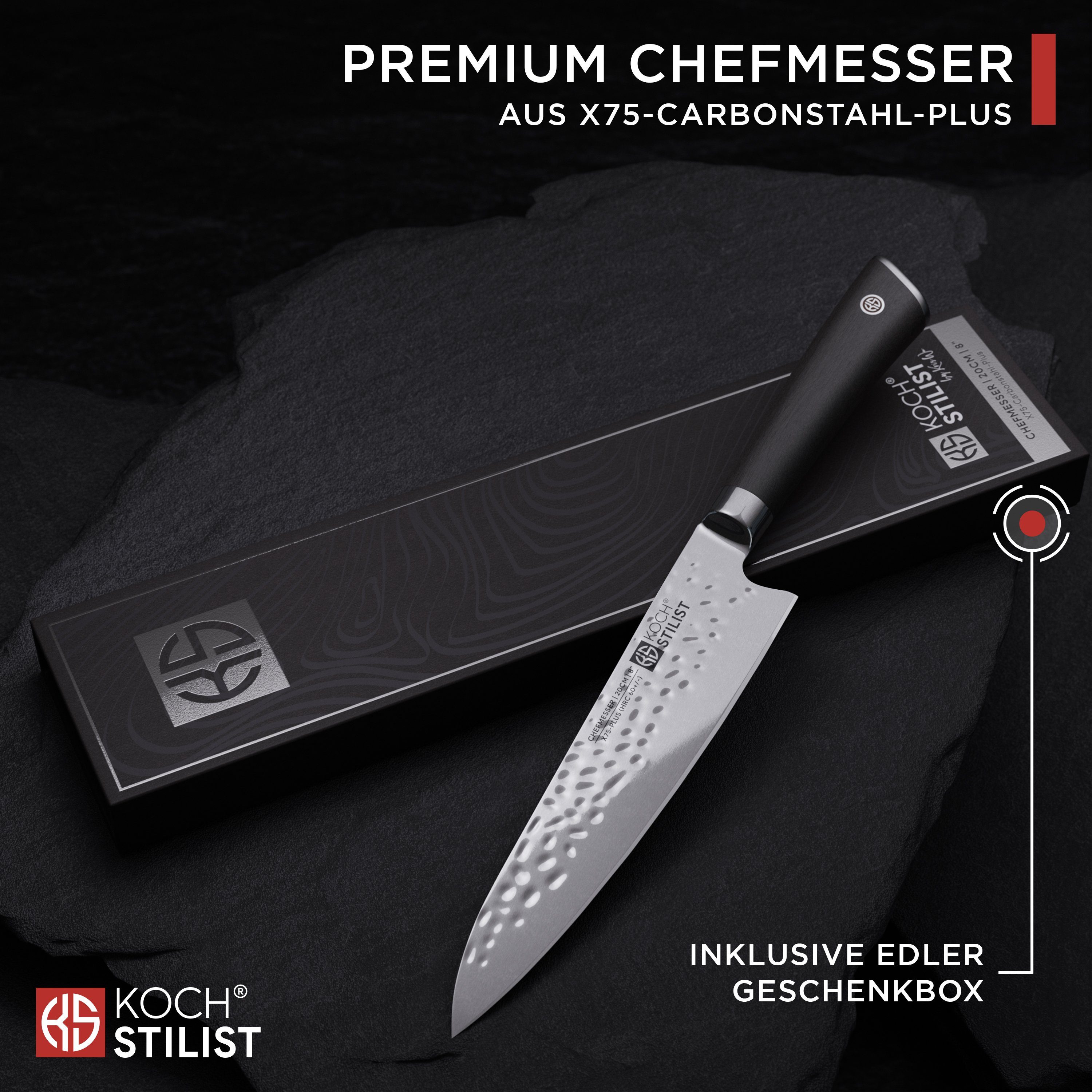 KOCHSTILIST by Kris Wu Kochmesser extra scharf, 20 cm, groß - Chefmesser, Küchenmesser, Messer, Damast, X75-Carbonstahl-Plus (rostfrei)