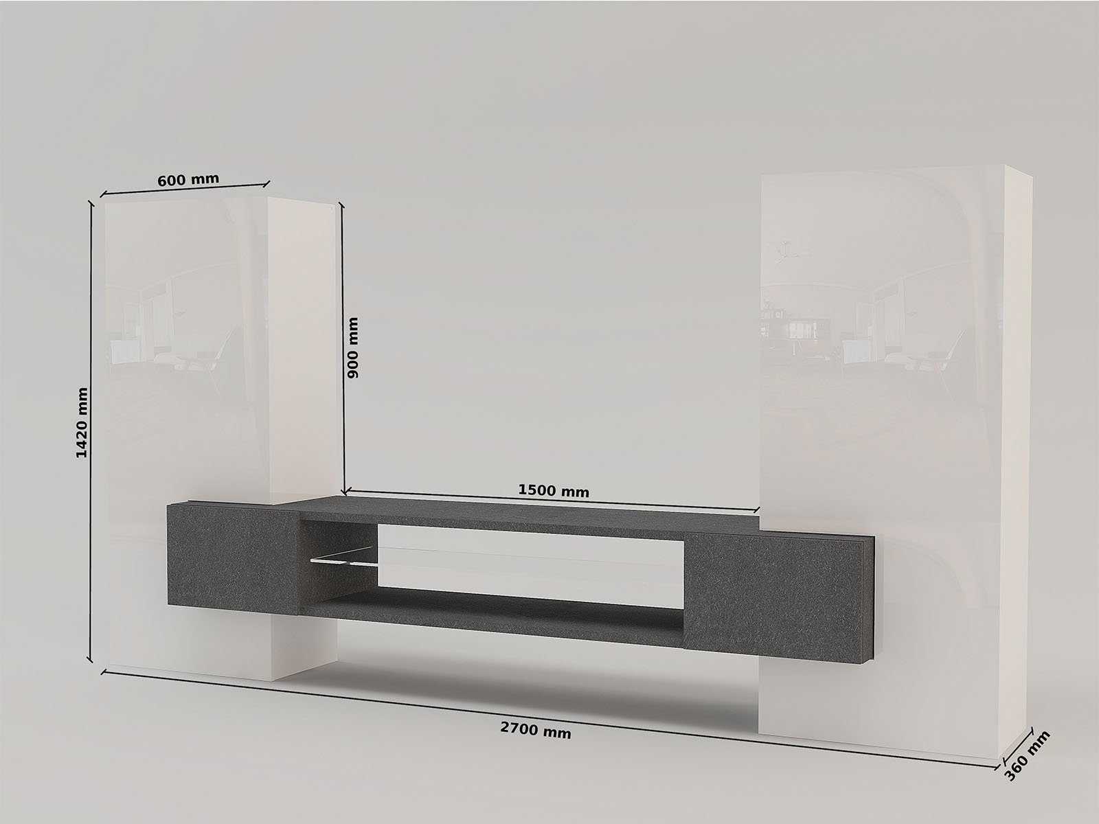 möbelando Wohnwand Akka, Moderne Wohnwand aus Spanplatte in weiß-Hochglanz und Schiefer Nachbildung bestehend aus, TV-Hängelowboard mit 2 Türen und 2 Schränke mit je 1 Tür dahinter 3 Böden. Breite 271,6 cm, Höhe 143 cm, Tiefe 46 cm.