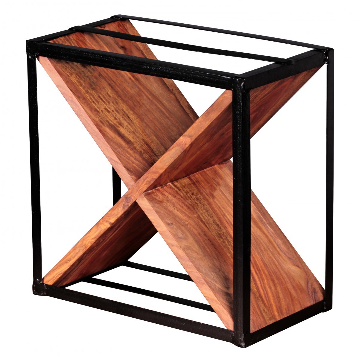 Wohnling Weinregal Massiv-Holz Sheesham Flaschenregal Standregal für ca. 16 Flaschen mit Metallrahmen Holzregal X-Form