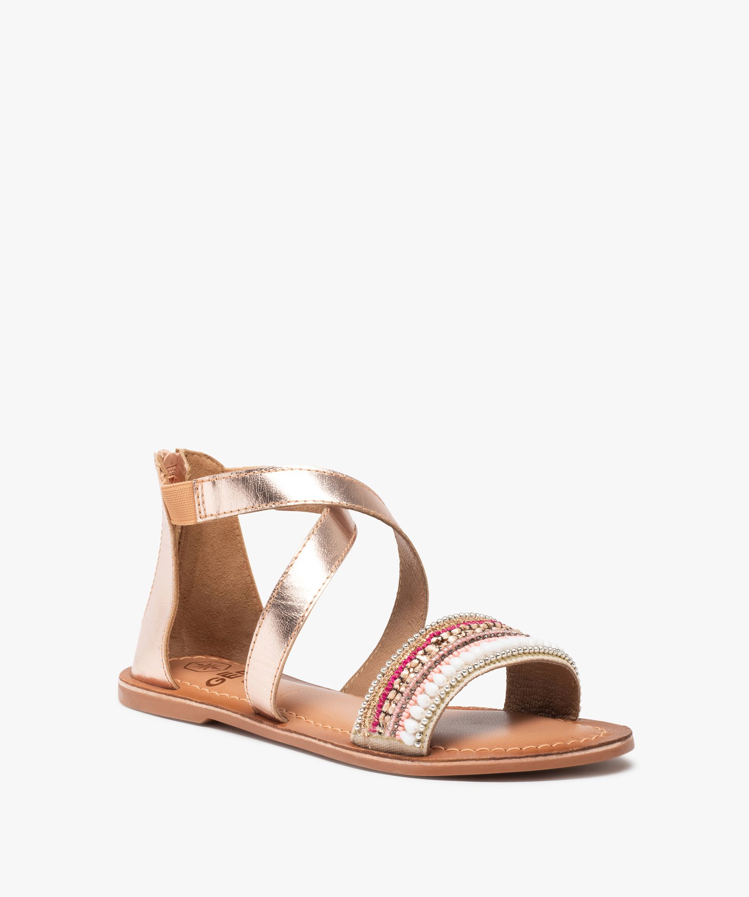 Sandales fille à tige montante et bride brodée de perles rose | GEMO