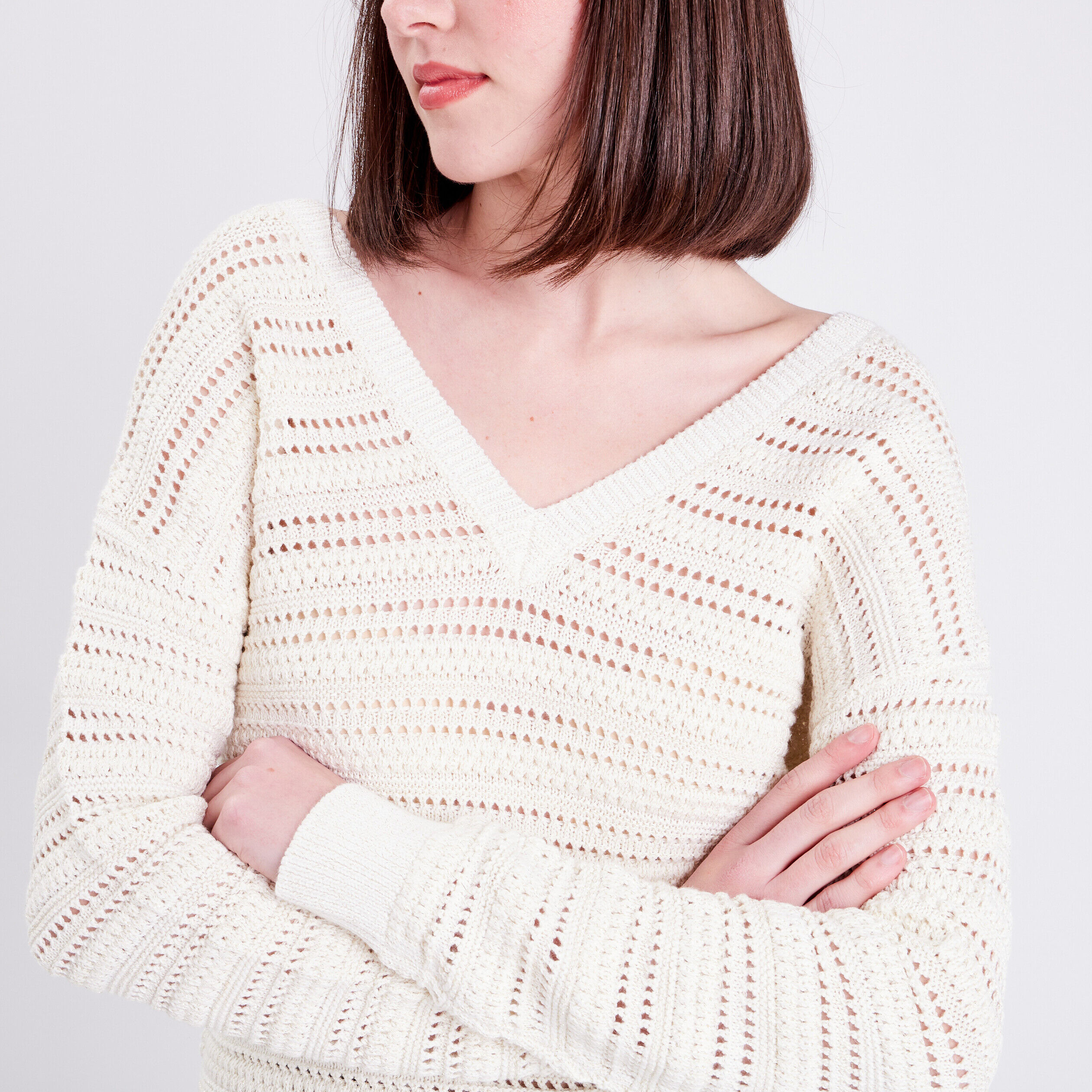 Pull ajouré col en V ecru femme | Cache Cache