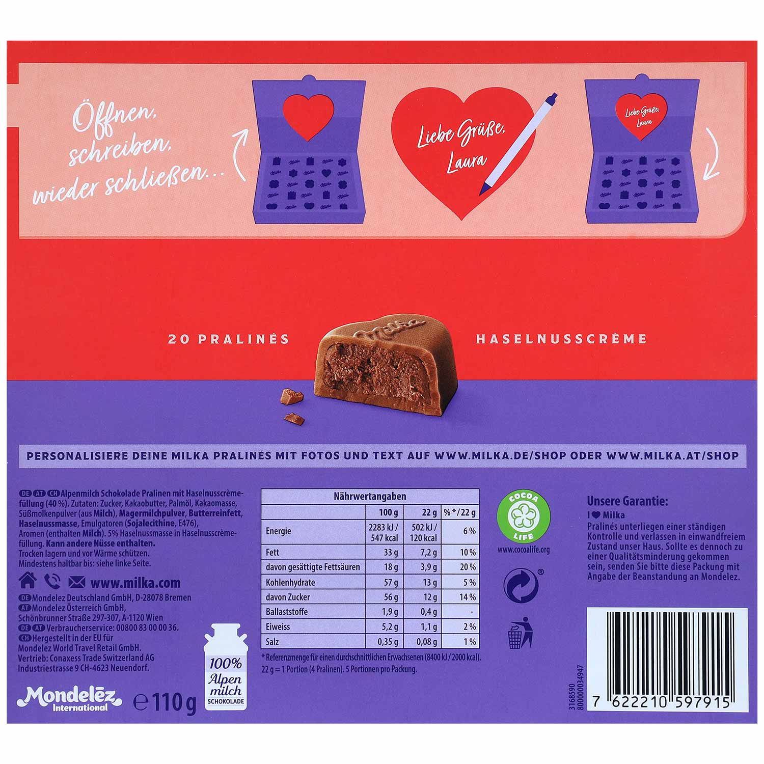 Milka 'I Love Milka' Pralinés Haselnusscrème 110g